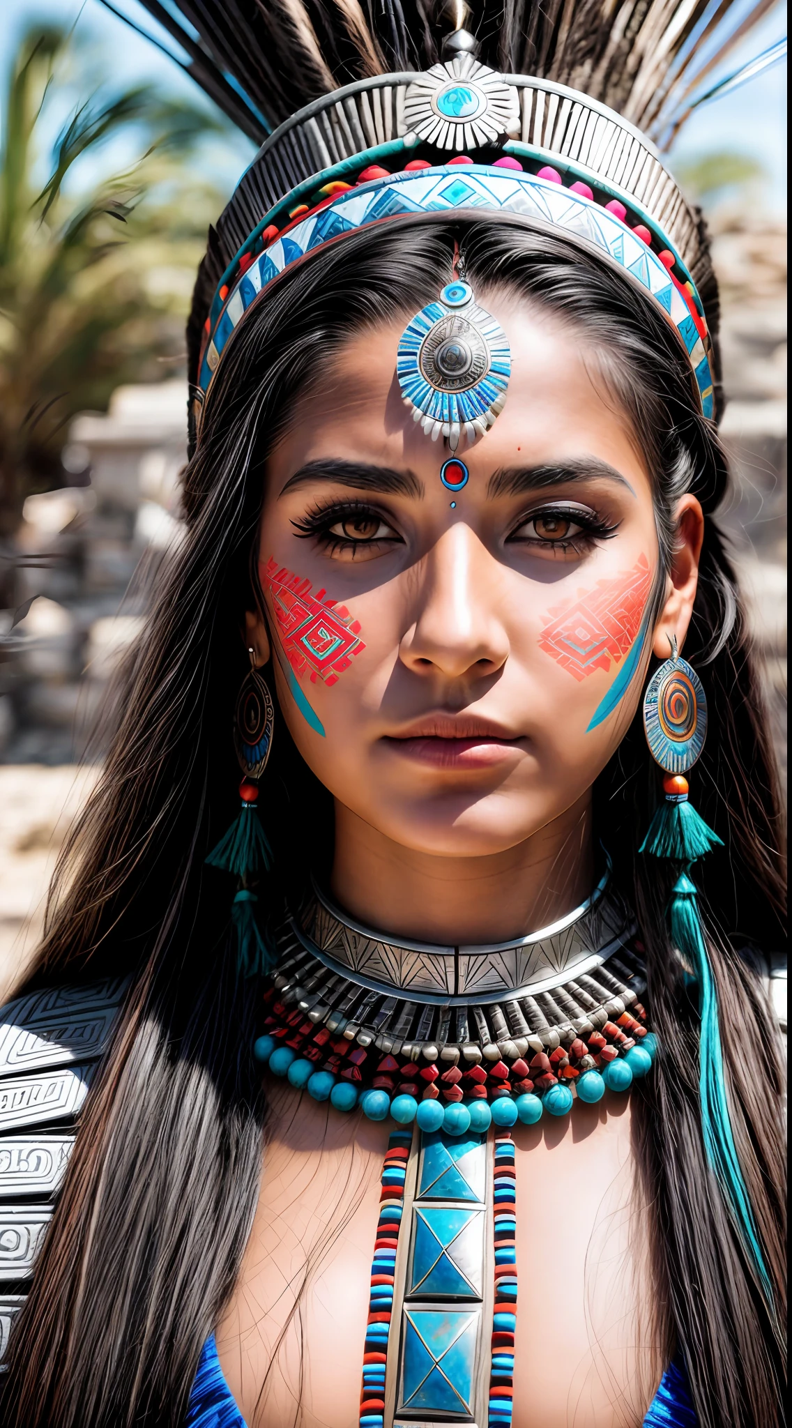 Closeup photo portrait of young woman as, (aztec shaman), epic character composition, frontal view, atmospheric scene, masterpiece, best quality, (detailed beautiful face, detail skin texture, ultra-detailed body:1.1), diffused lighting