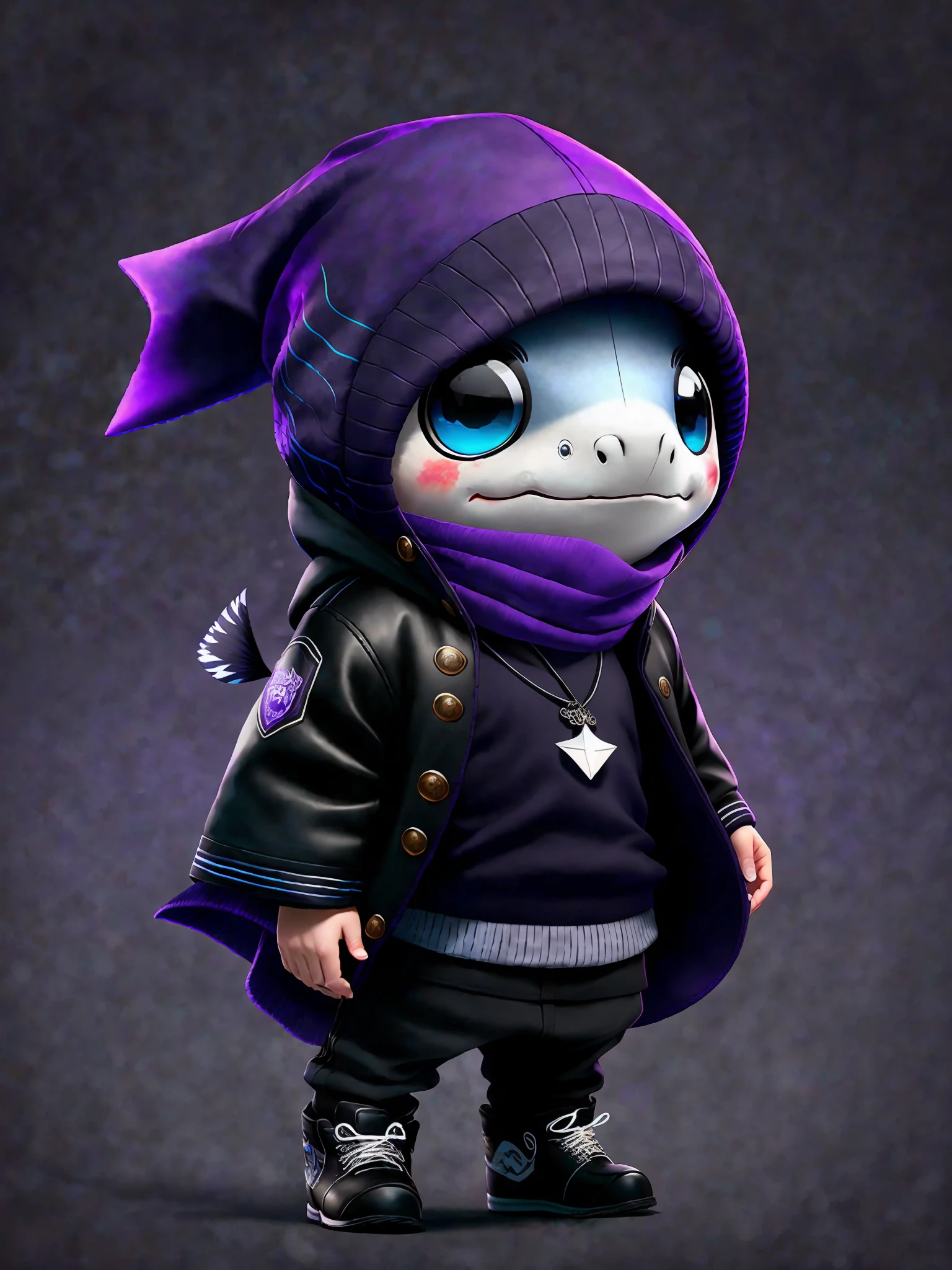 image of a small shark, mascot, with purple hat and black scarf, blue eyes, art station trend, dressed in all black clothes, hyper realistic detailed rendering, urban style, intimidating pose but sweet face, planet of sharks, fashionable clothes, urban samurai, black clothes, black clothes, purple beanie8 1 5