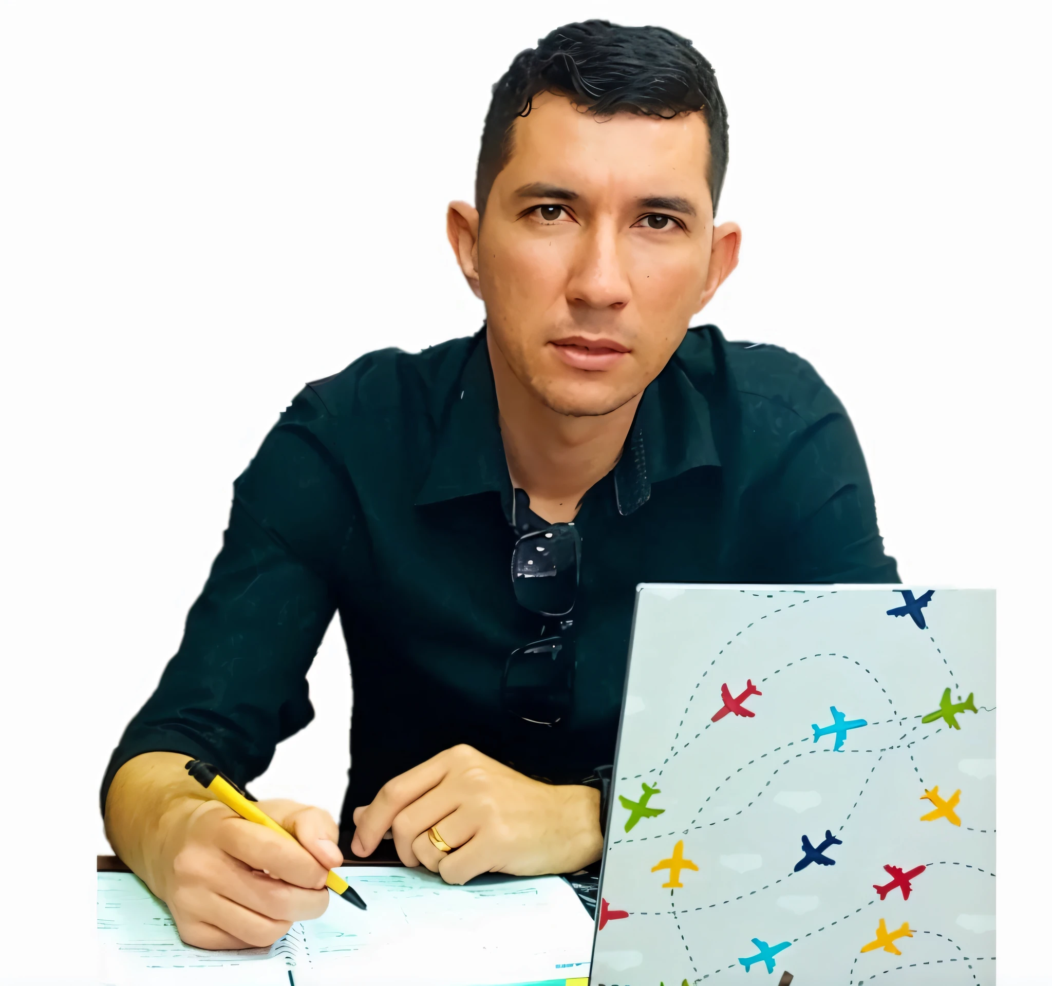 There is a man sitting at a desk with a laptop and a notebook, filling the white background with the image of a modern office in a commercial building with transparent glass.