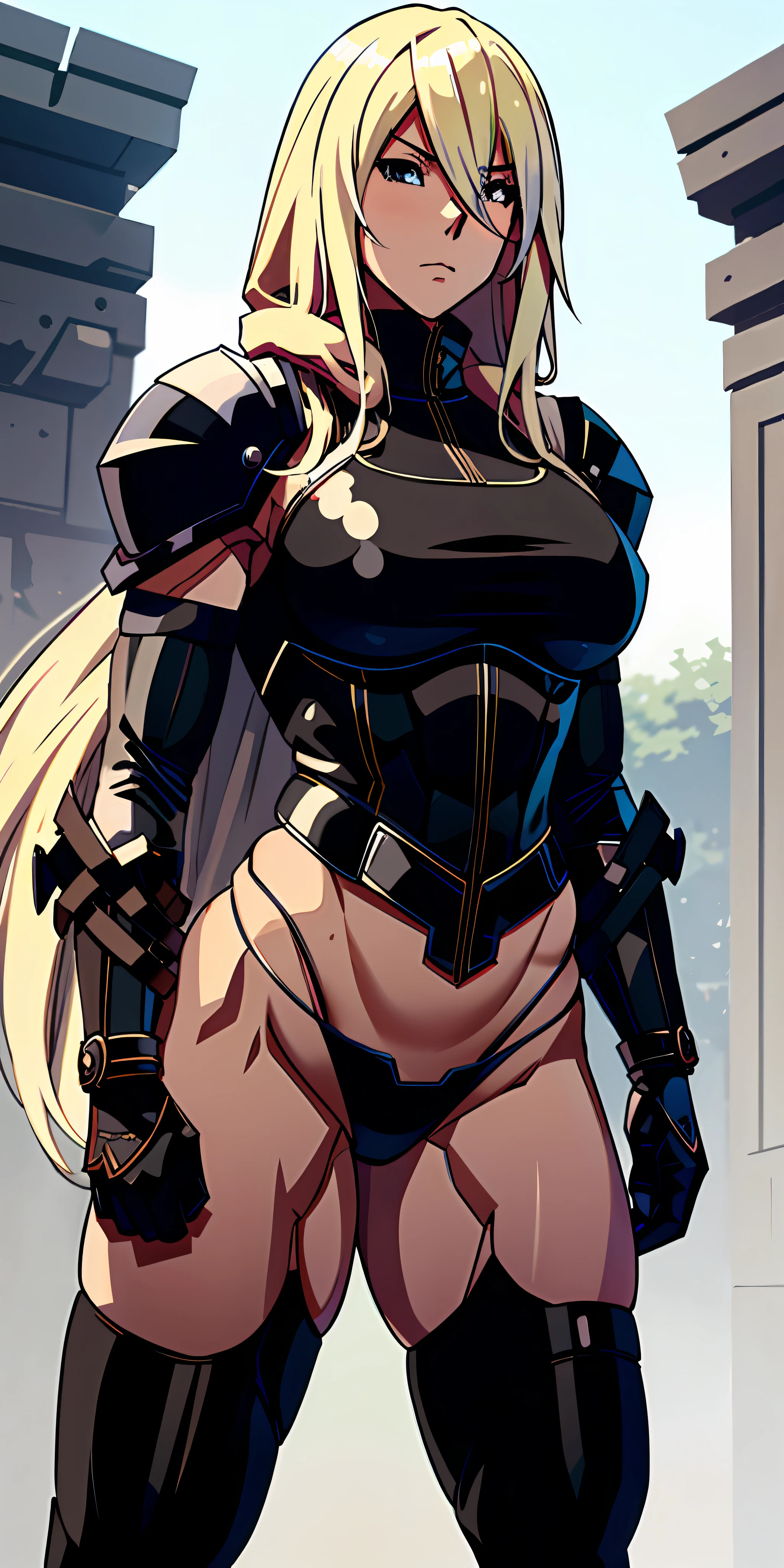 anime waifu bodybuilder, cute face, serious face, perfect body, fit body, abdomen, big breasts, muscular, long blonde hair, white ninja outfit, with black cape and hood, ((armor) leather vest))