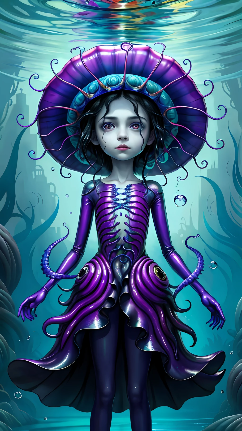 (best quality: 1.4), (masterpiece: 1.2), detailed, complex, high resolution, iridescent colors, A charming and fascinating creature with otherworldly forms that blend the best aspects of the monster human form and the innocent charm of a precocious child, scales, wings, blue, texture, complex, gorgeous, 3D, highly detailed, decorative style, Tim Burton, Dale Chihuly, Bruce Zheng, Cyril Rolando, H. R. Giger $plastic$ Grid: Real Lenoid afremov style, wet, fire