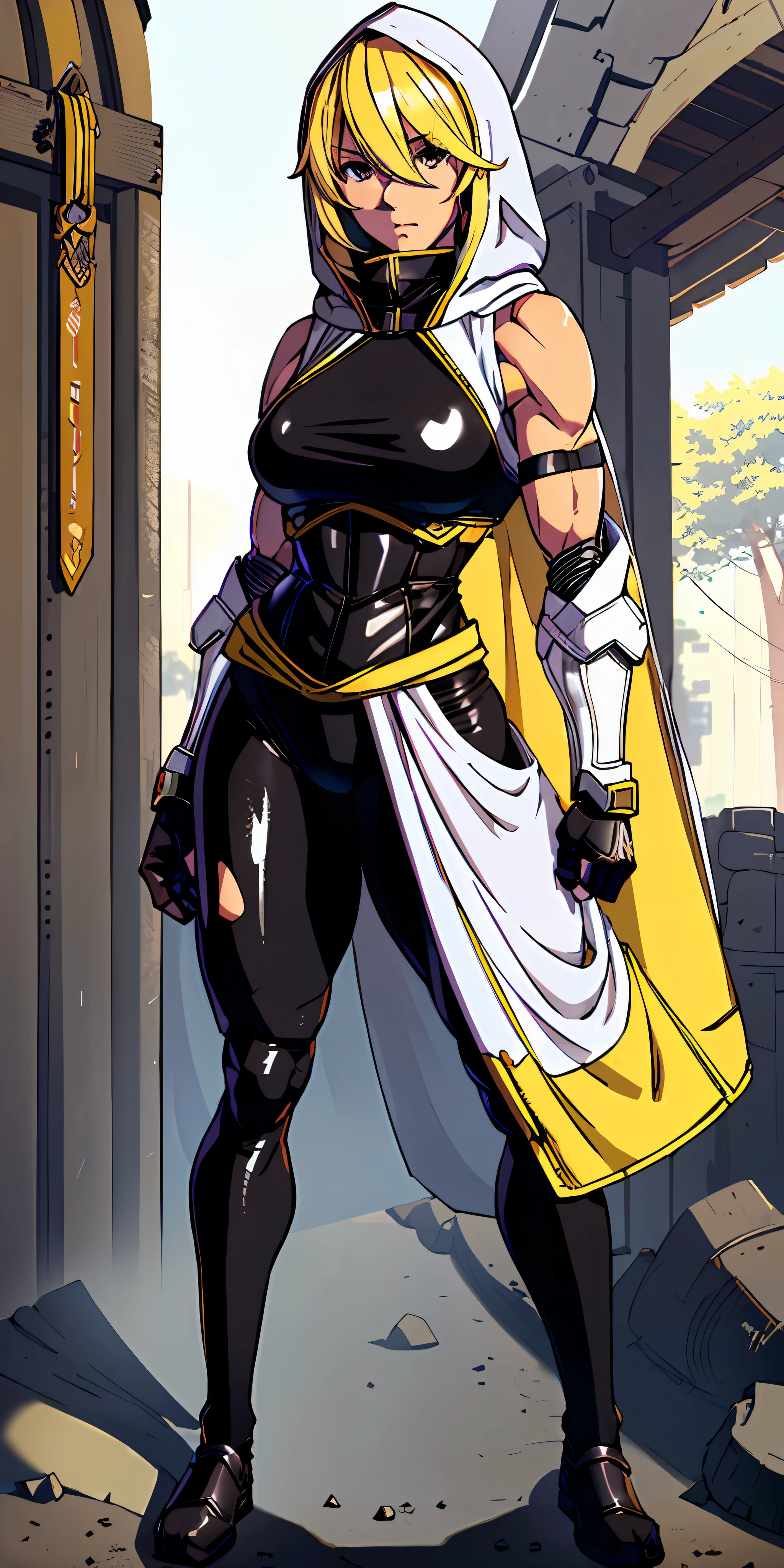 anime waifu bodybuilder, cute face, serious face, perfect body, fit body, abdomen, large breasts, muscular, (((hair) long and blonde yellow), ((clothing) ninja tights of white color, torn), ((blanket) cover covering body and hood covering black head), ((armor) leather vest))