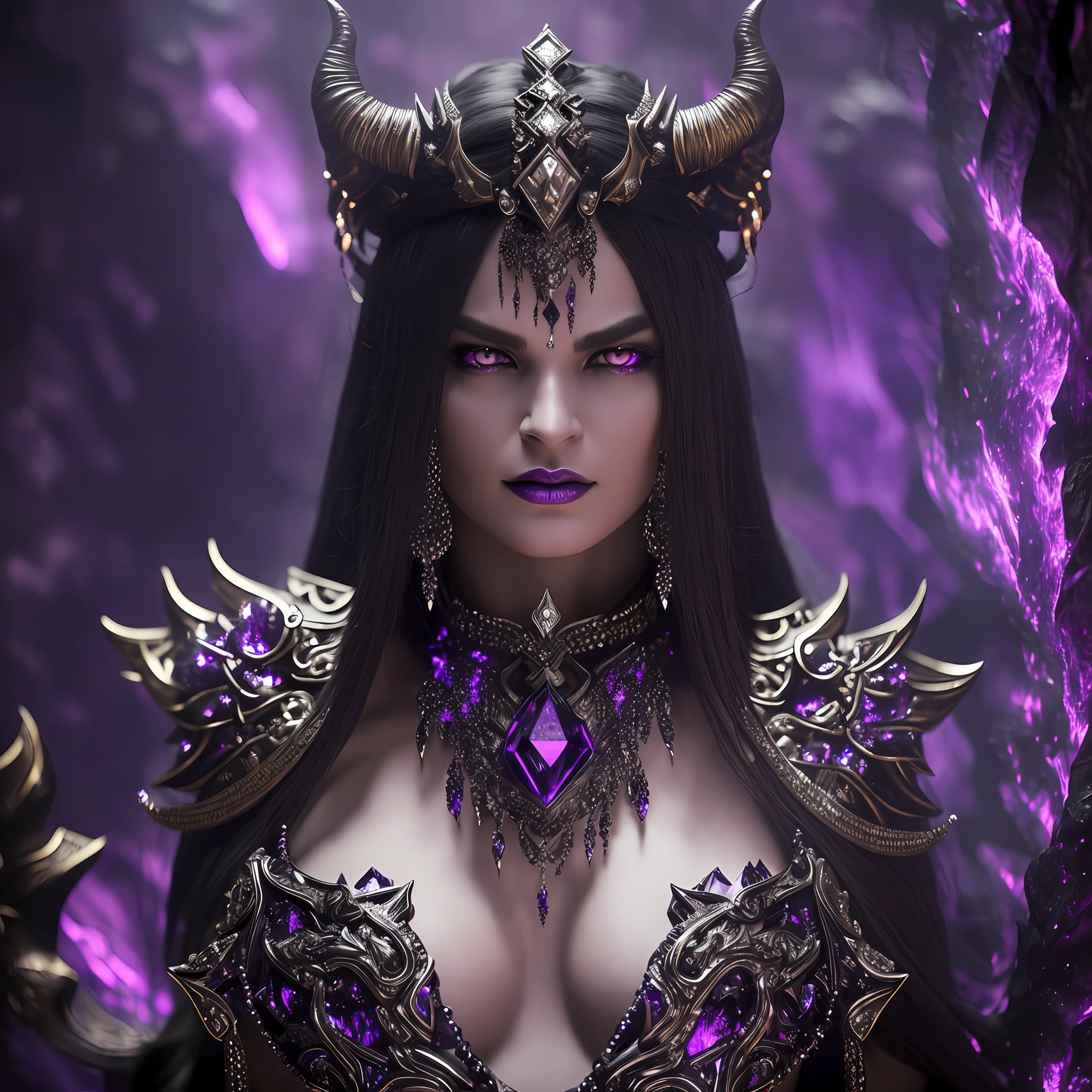 Dark fantasy, Demon, 3D, ultra realistic, studio lighting, dynamic light, female, female, (85 years:1.5), detailed face, all ornaments, (set in a cave with black and purple crystals and flames:1.3). (Ultra realistic:1.4) --auto --s2