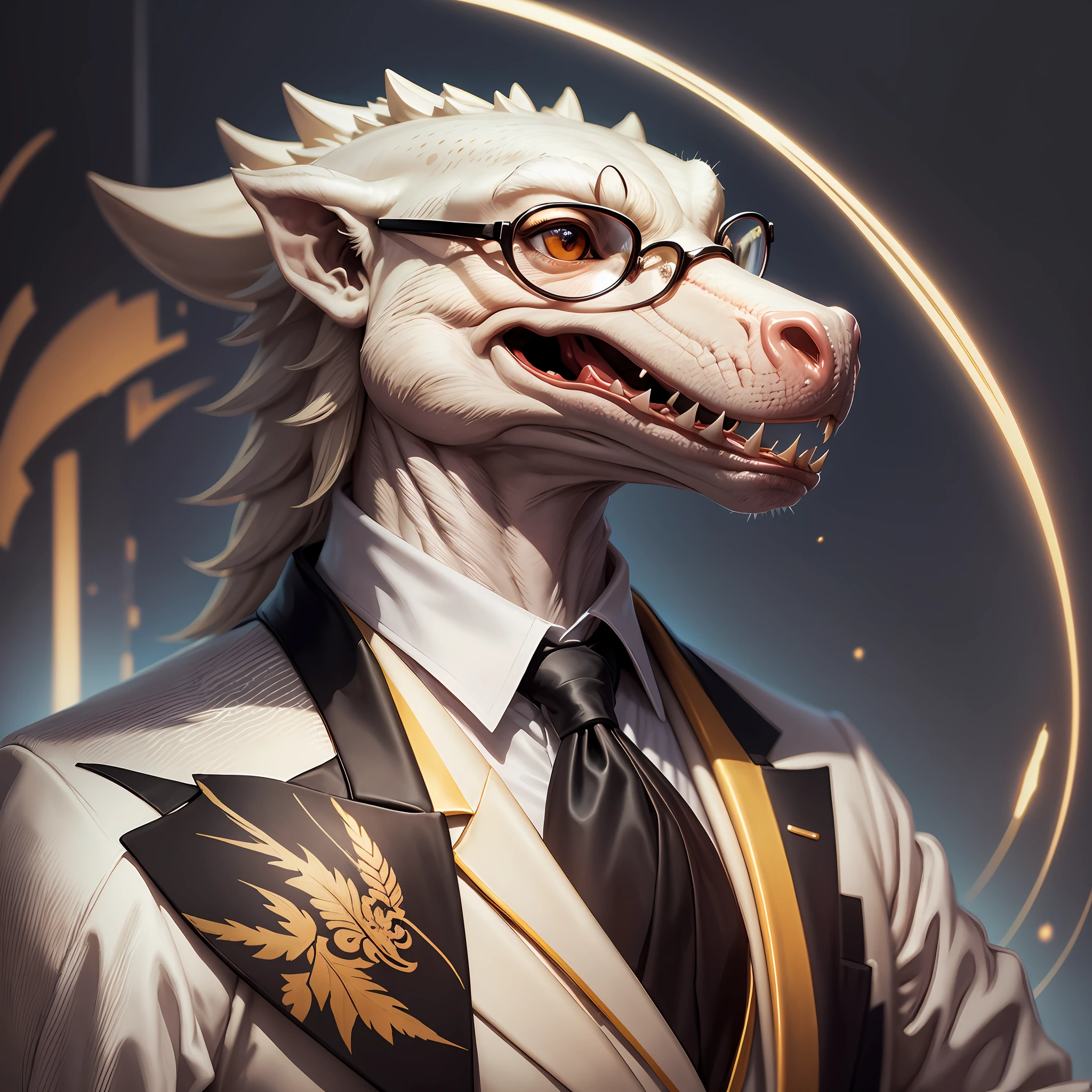 A close-up of a cute little Tyrannosaurus-Rex with a light and friendly smile, wearing a suit and tie, great digital art with details, white suit, Nekro, portrait of wisdom and intelligence, brocade robes, male, golden collar, Fursona wearing elegant clothes, anorld rendering, white dress shirt, wearing glasses and demonstrated to be a great intellectual. --auto --s2