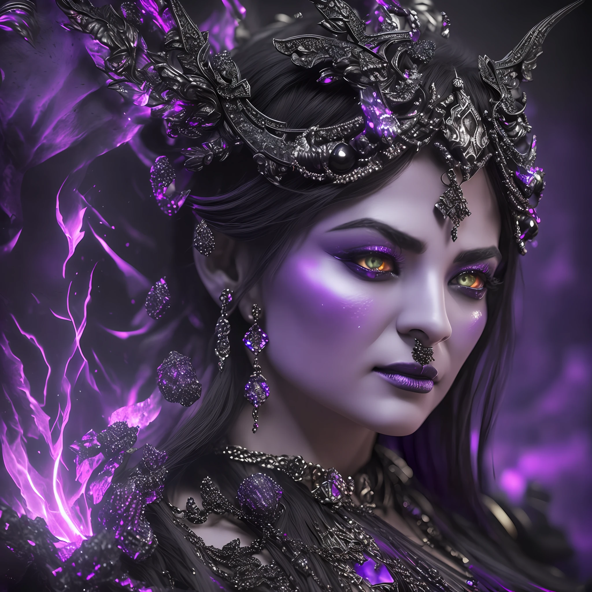 Dark fantasy, Demon, 3D, ultra realistic, studio lighting, dynamic light, female, female, (85 years:1.5), detailed face, all ornaments, (set in a cave with black and purple crystals and flames:1.3). (Ultra realistic:1.4) --auto --s2