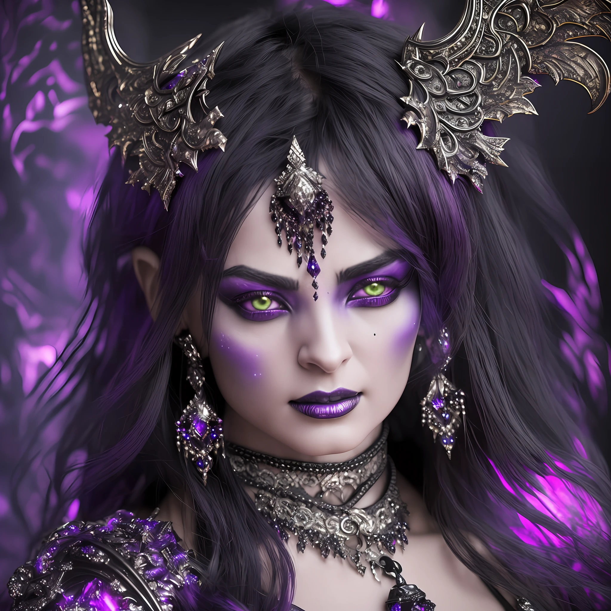 Dark fantasy, Demon, 3D, ultra realistic, studio lighting, dynamic light, female, female, (85 years:1.5), detailed face, all ornaments, (set in a cave with black and purple crystals and flames:1.3). (Ultra realistic:1.4) --auto --s2