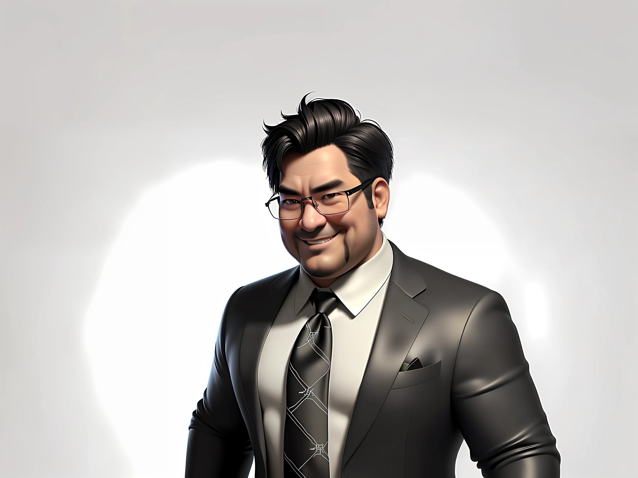 Shy Miniature, slightly chubby handsome, Taiwanese adult man, man, silver glasses, short black hair, 1girl, solo, Disney artwork, Unreal Engine, cozy interior lighting, artstation, detailed, digital painting, film, character design for Mark Laydon and Pixar and Hayao Miyazaki, Unreal 5, daz, surrealism, octane rendering, wearing a black suit, blue tie, medium build, slightly chubby face, smile, super short hair, big nose