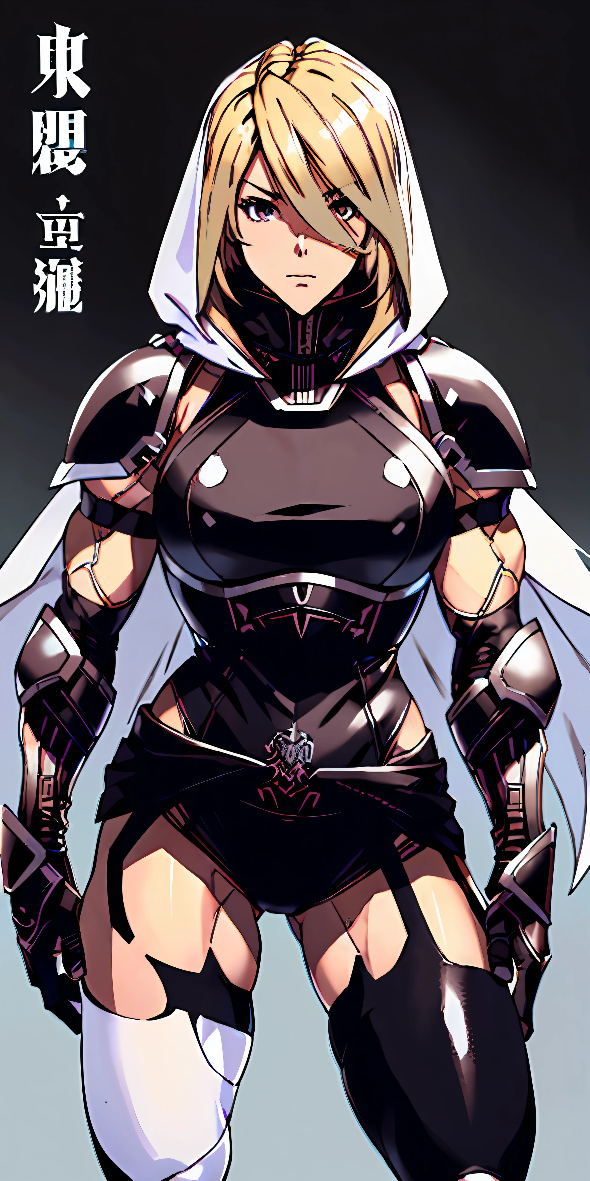 anime waifu bodybuilder, cute face, serious face, perfect body, fit body, abdomen, large breasts, muscular, (((hair) long and blonde), ((clothing) ninja tights of white color, torn), (cover covering body of black color, and hood covering head of black color), ((armor) brown leather vest)), character A2
