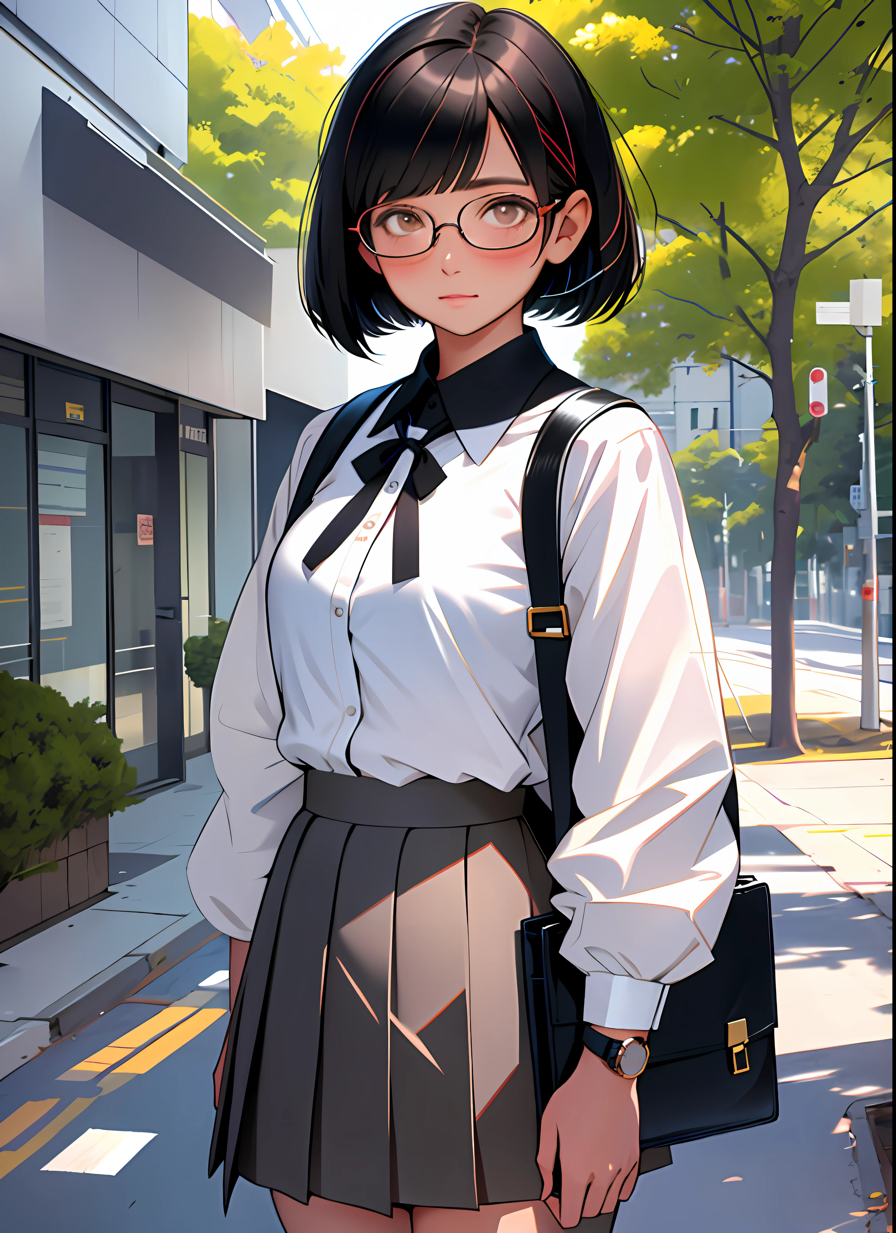 1 girl, squeaky body, bob cut, black hair, glasses, blush, brown eyes, (((masterpiece, highest quality)), outdoor, school, uniform, skirt, viewer watch, white shirt, ribbon on chest, student bag, depth of field,