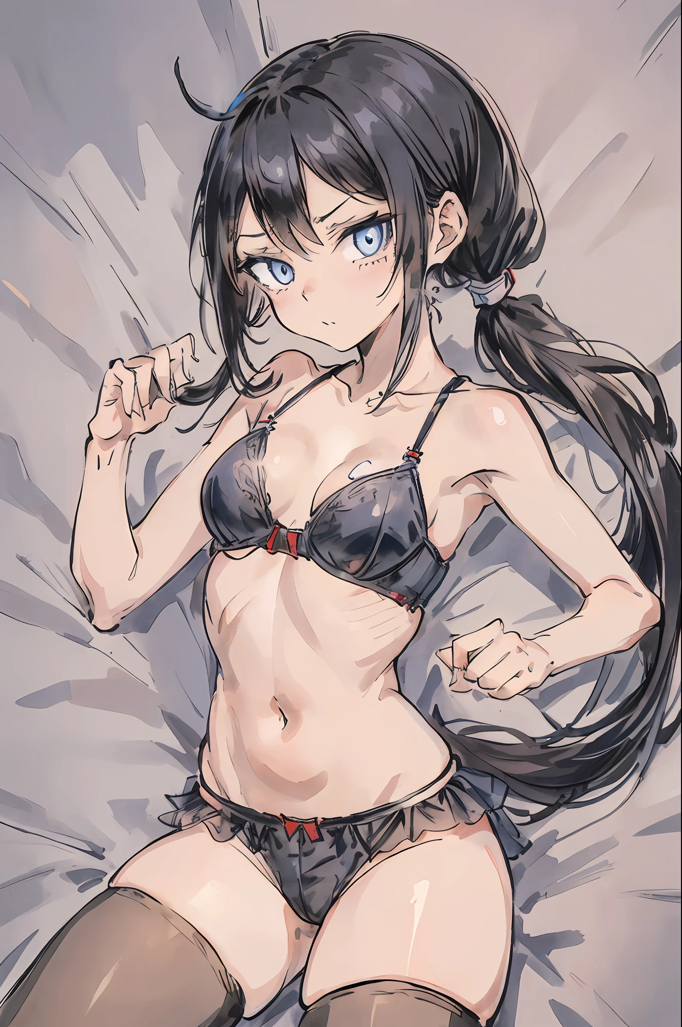 fav image of boku no hero academia by jacob the mantis 1 girl, solo, black hair, twintails, underwear, blue eyes, breasts, panties, lying, navel, looking at viewer, thighhighs, on back, bra, long hair