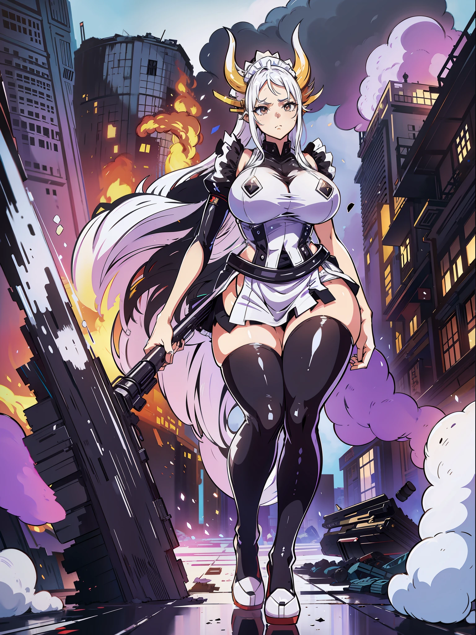 (full-body/upright/standing view:1.3). (({yamato})), ((in a futuristic city completely destroyed with flames coming out of the destroyed buildings)). {yamato}: wearing (((clothing/maid/black+skirt/white:1.5))), (((extremely +tight clothing:1.4))), is looking at the viewer, (extremely large breasts:1.5), doing exhibitionist/non-stooped/seatless poses, holding a long black rifle., Hyperrealism, anime, 16k, UHD, masterpiece, best quality, high details