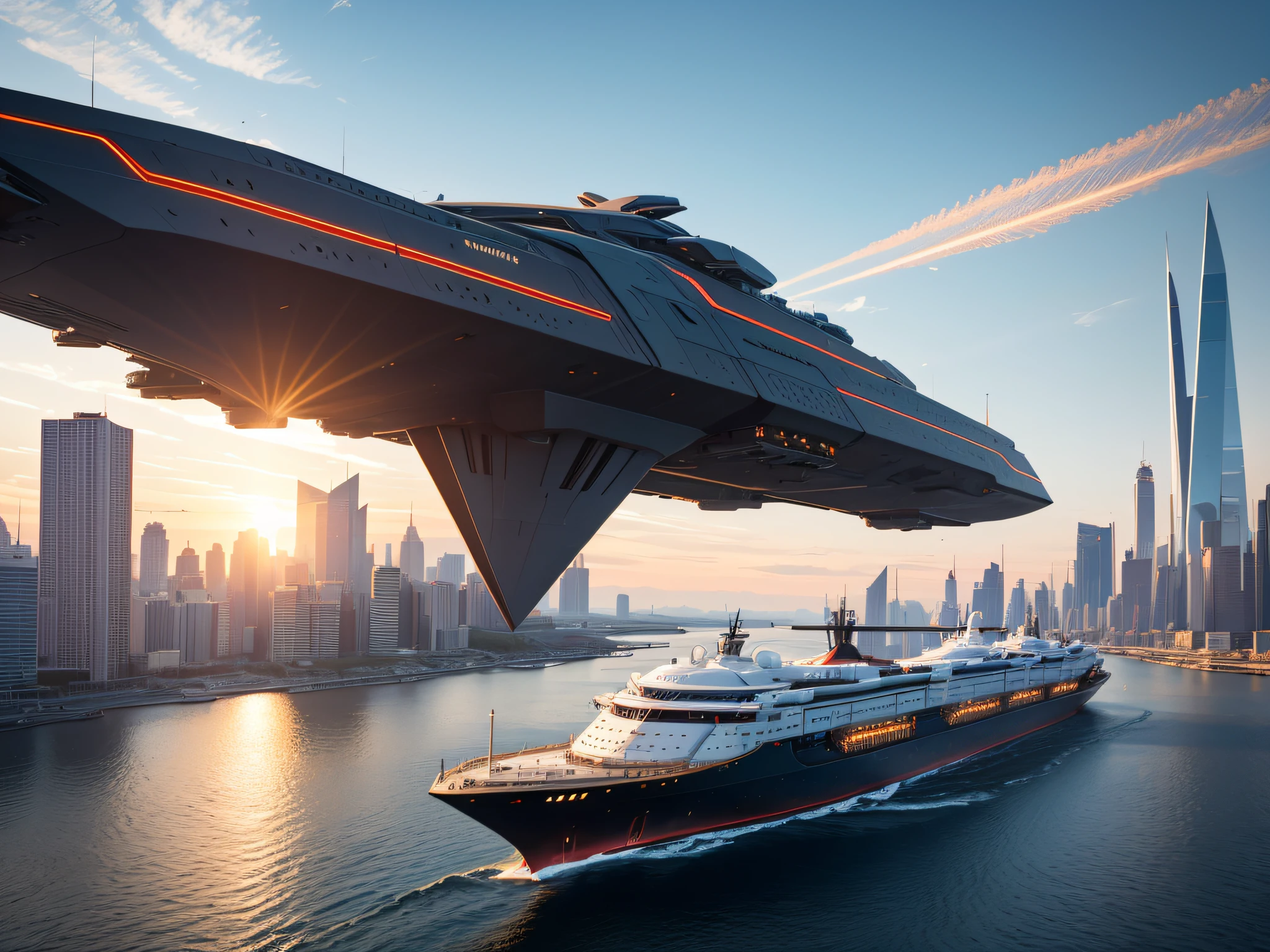 Train space ship, with a triangular shape, in red and gold color scheme, using a warp drive propulsion system, traveling on magnetic levitation tracks. The purpose of the ship is military transport. The environment is a futuristic cityscape with tall skyscrapers in the background. The camera model is a Canon EOS R5. The composition is centered on the ship, with the cityscape in the background. The perspective is slightly tilted to create a dynamic feel. The lighting is a warm, golden hour glow, casting long shadows. The depth of field is shallow, with the ship in focus and the background slightly blurred. The shutter speed is set to capture the movement of the ship. The photo quality is high resolution, with sharp details and vibrant colors. The extra photography jargon that matches the details includes using a wide-angle lens to capture the entire ship and the cityscape, and adjusting the ISO to balance the exposure. --style raw --no camera --v 5.1_ _