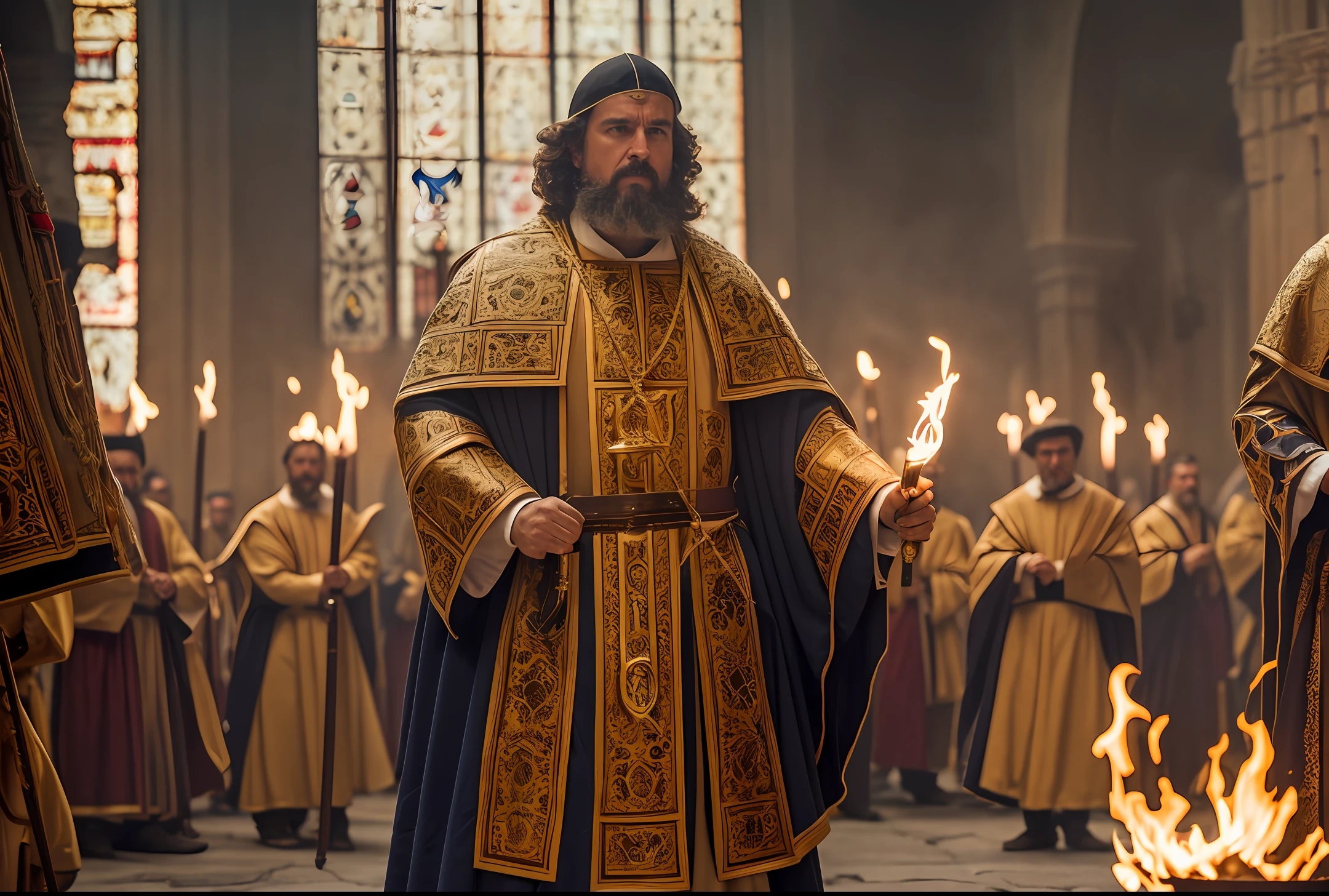 Medium plan.Torches. historically accurate Spanish priests 1400's, 8k, wide shot, cinematic composition, volumetric light, high detail, 8k, hdr, realistic, photography, angry and violent men, sunlight, cinematic, photorealistic, cinematic lighting, cinematic filter, sharp focus, teaching Naive Americans Christianity --auto --s2