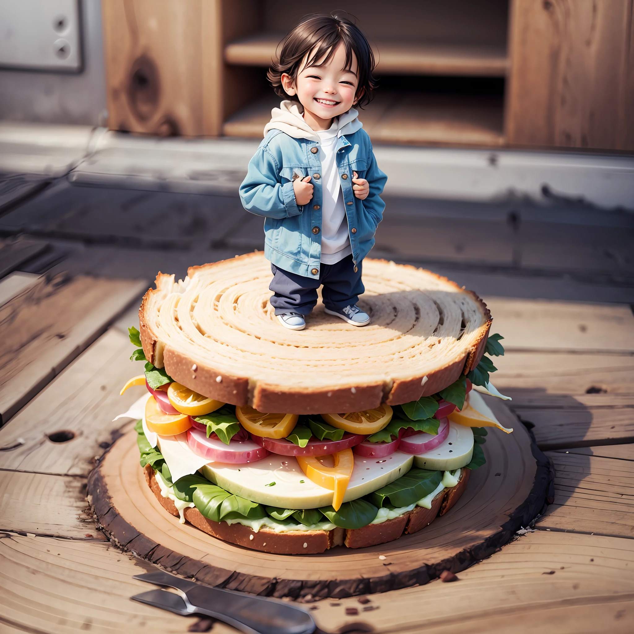 A small child smiling, standing, on top of a large sandwich. --auto --s2