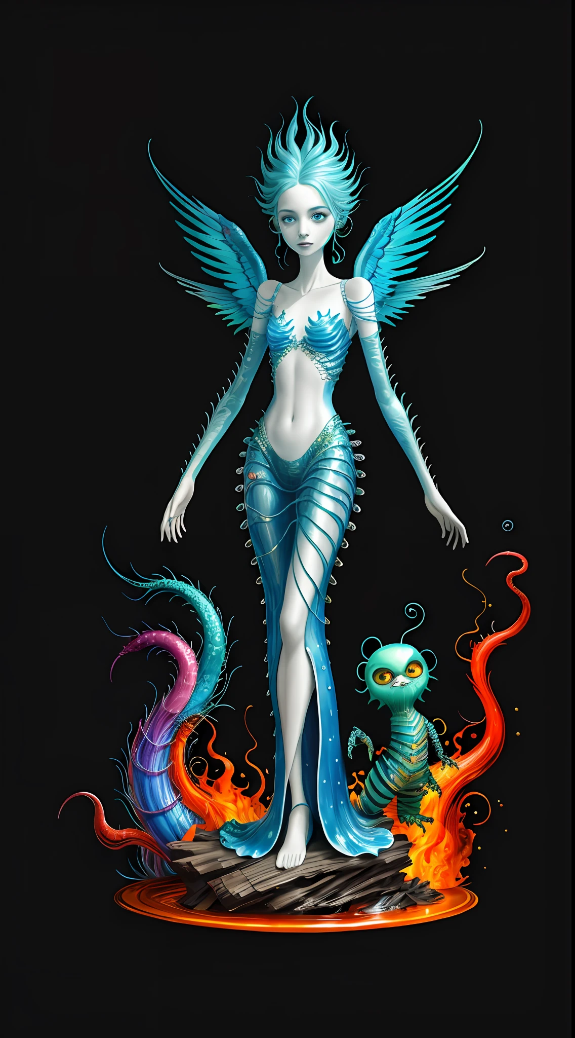 (best quality: 1.4), (masterpiece: 1.2), detailed, complex, high resolution, iridescent colors, A charming and fascinating creature with otherworldly forms that blend the best aspects of the monster human form and the innocent charm of a precocious child, scales, wings, blue, texture, complex, gorgeous, 3D, highly detailed, decorative style, Tim Burton, Dale Chihuly, Bruce Zheng, Cyril Rolando, H. R. Giger $plastic$ Grid: Real Lenoid afremov style, wet, fire