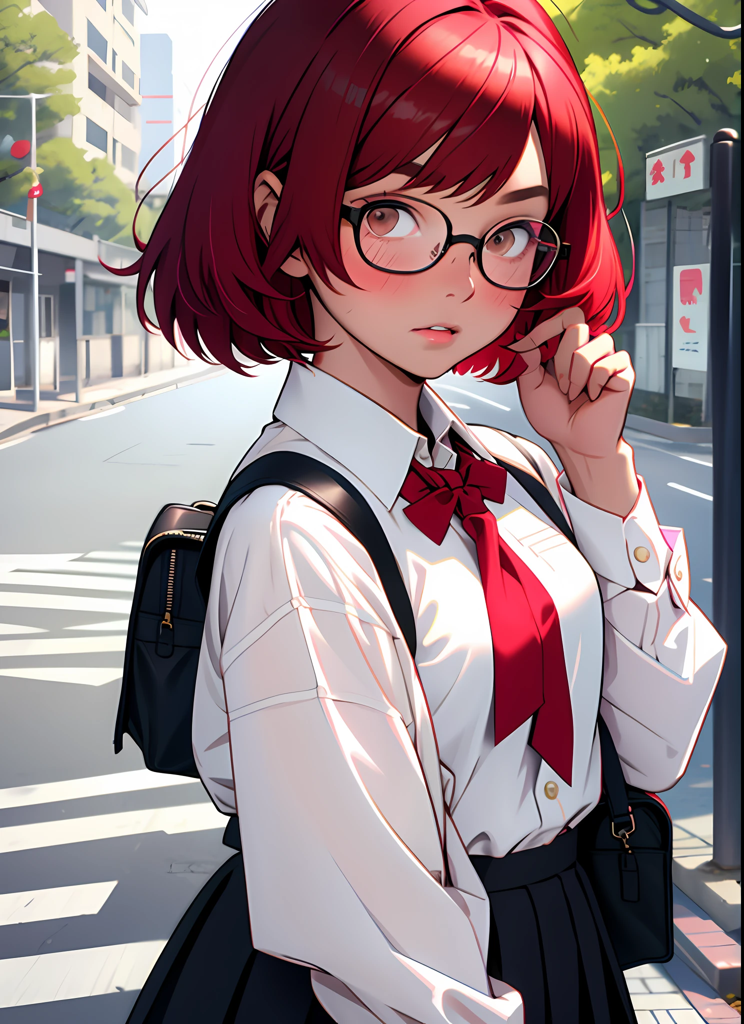 1 girl, squeaky body, bob cut, red hair, glasses, blush, brown eyes, ((masterpiece, best quality)), outdoor, school, uniform, skirt, viewer watch, white shirt, ribbon on chest, student bag, depth of field,
