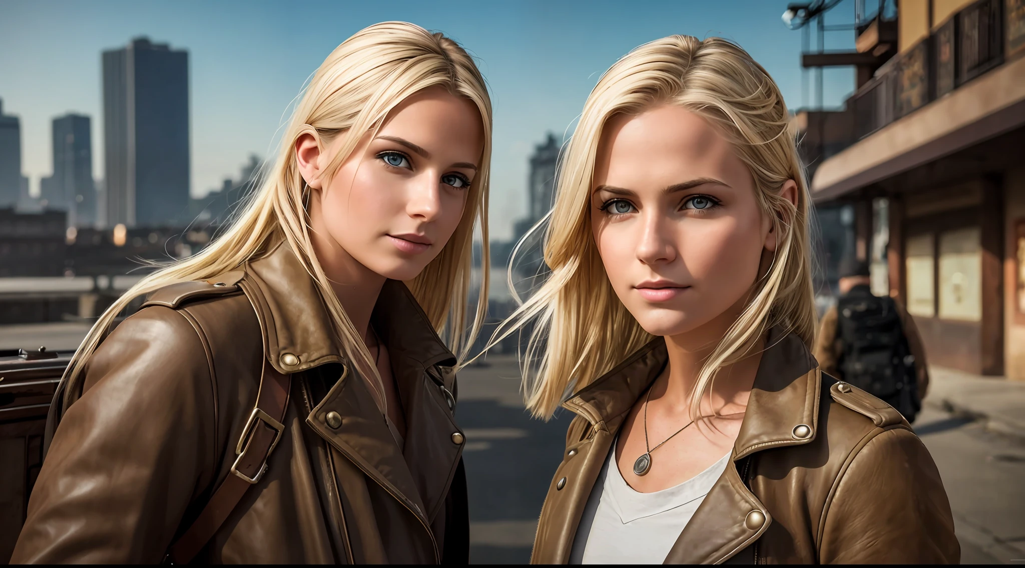 realistic photo, a realistic photo of a 30 year old girl wearing dieselpunk outfit, blonde hair, city, (1girl), wallpaper, 8k extremely detailed CG unit, photo of the most beautiful artwork in the world, professional majestic, Steve McCurry photography, 8k uhd, dslr, soft lighting, high quality, film grain, sharp focus Fujifilm XT3, f 5.6, high detail, sharp focus, dramatic, looking at the viewer: 1.2, detailed pupils: 1.3, natural light