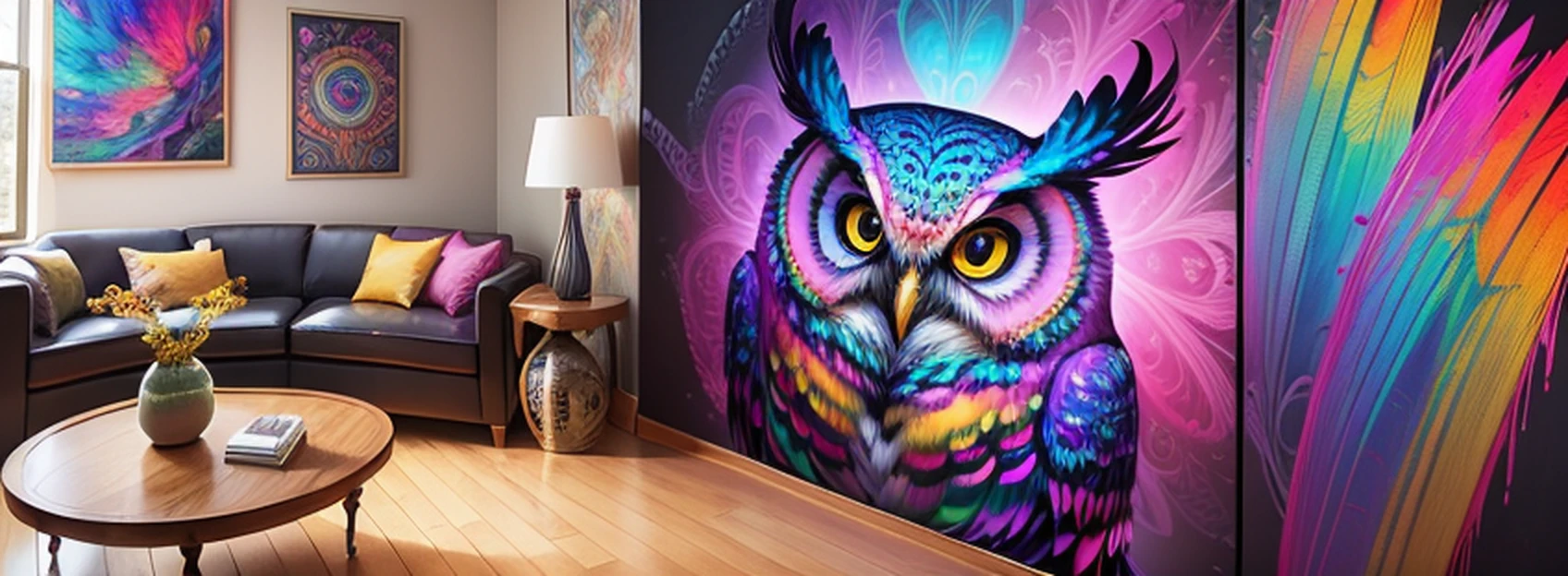 Featuring a captivating and vibrant psychedelic owl painting. The art of the owl is exquisitely designed with vivid colors, intricate patterns and mesmerizing details. The painting is leaning against the back of the room, creating a dynamic and casual display. The combination of the psychedelic art of the owl adds a touch of artistic fascination to any space. --auto --s2