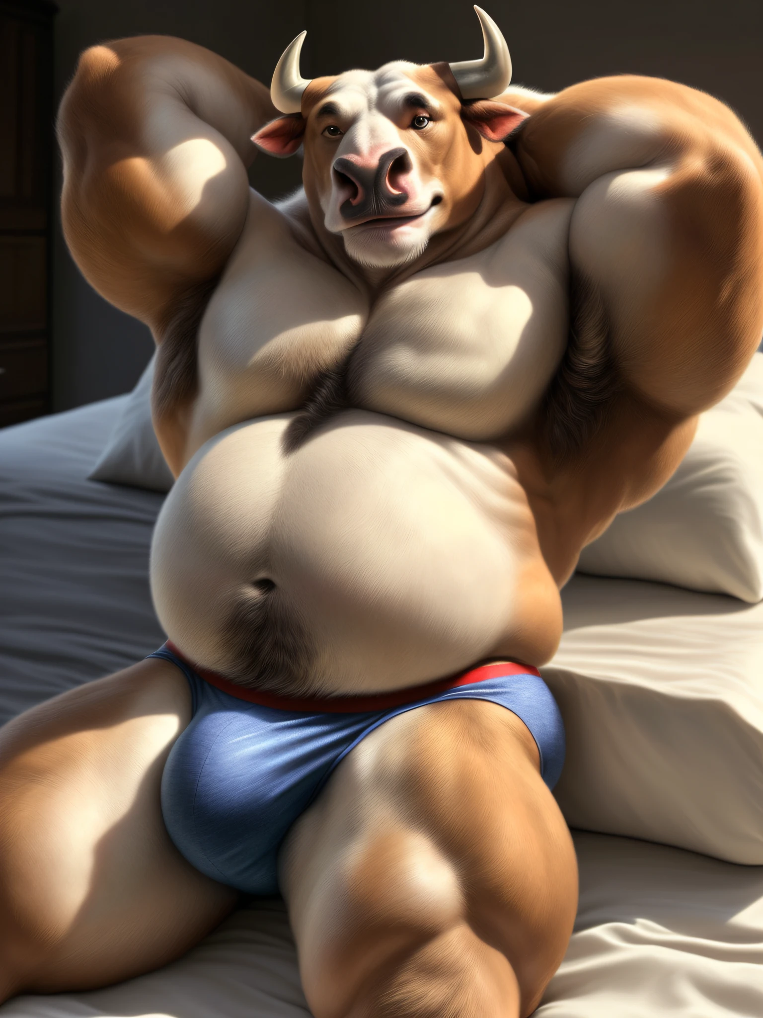 anthro (bull), male, muscular, solo, slightly chubby, speedo, bulge, five fingers, correct hands, natural pose, detailed background, ((bedroom)), detailed eyes, ((bare torso)), smile, (realistic fur, detailed fur texture:1.2), hyperrealistic, ultradetailed, natural lighting, ((one arm behind head)), beefy, manly, daddy, ((laying on bed))