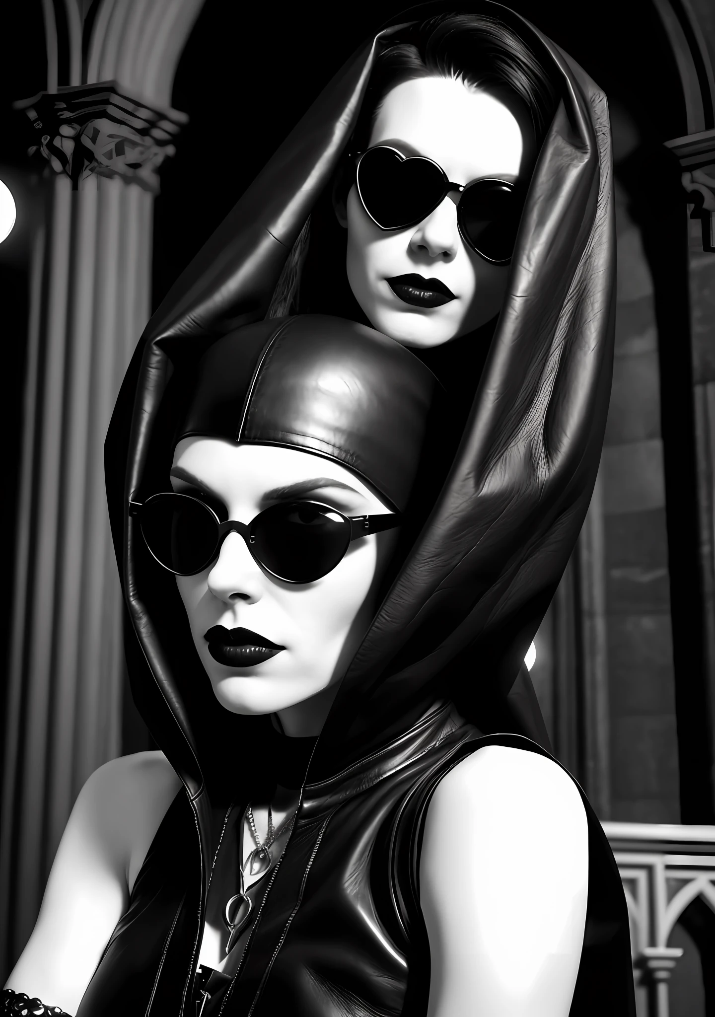 (raw, analog) (young gothic DJ nun with a beautiful face wearing leather and looking at the camera), night time, rave, set in the 1990's, surreal make up, heart sunglasses, darkness, neon lights in the background, beautiful face, huge breasts, inside a church that looks like a nightclub, gothic, high details, ultra realistic, SonyA7III, cinematic lighting, film, grain, UHD faces, insanely detailed