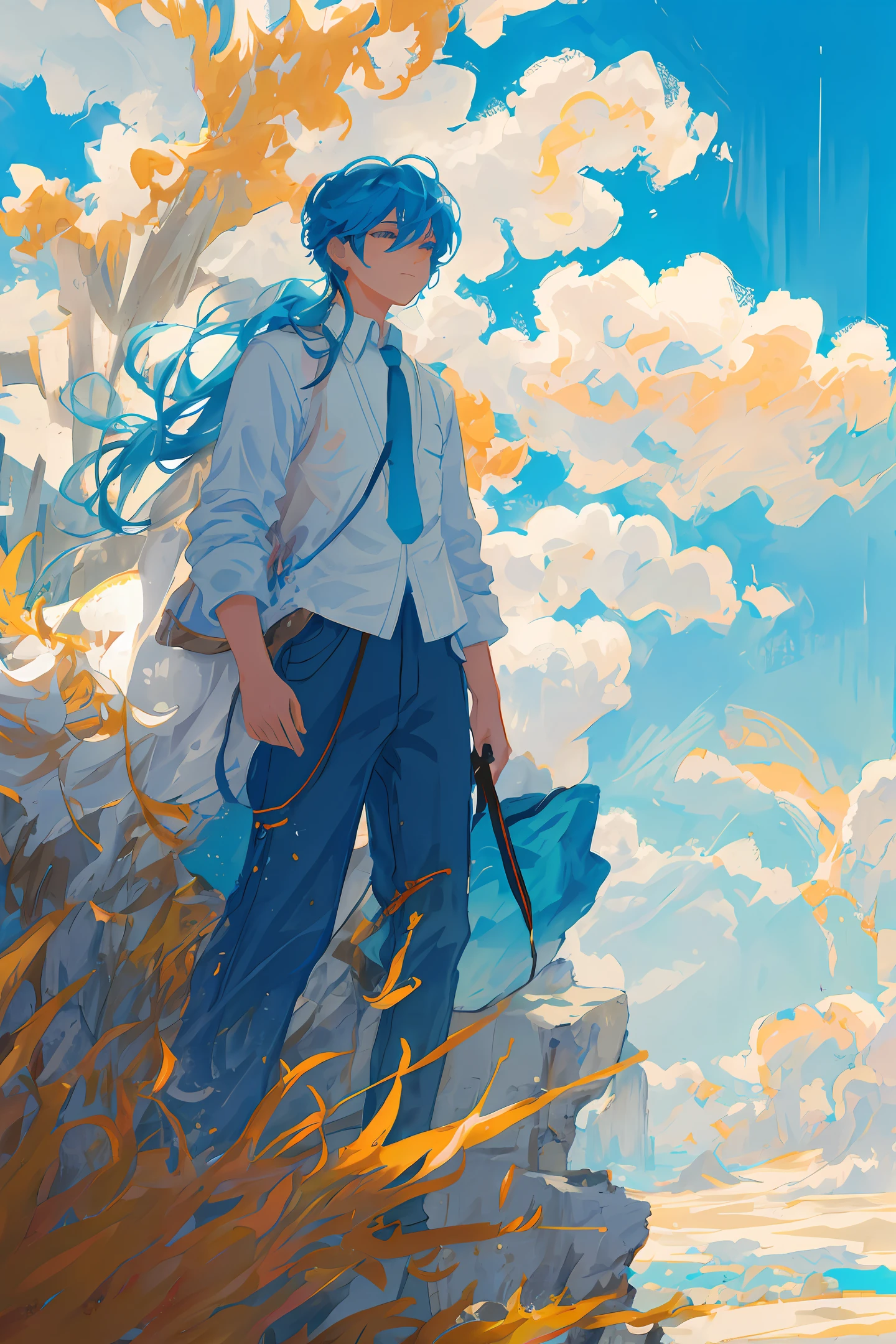 Blue sky with clouds. It conveys tranquility. Manga style drawing. Painting in copic marker. Only the sky, no character.