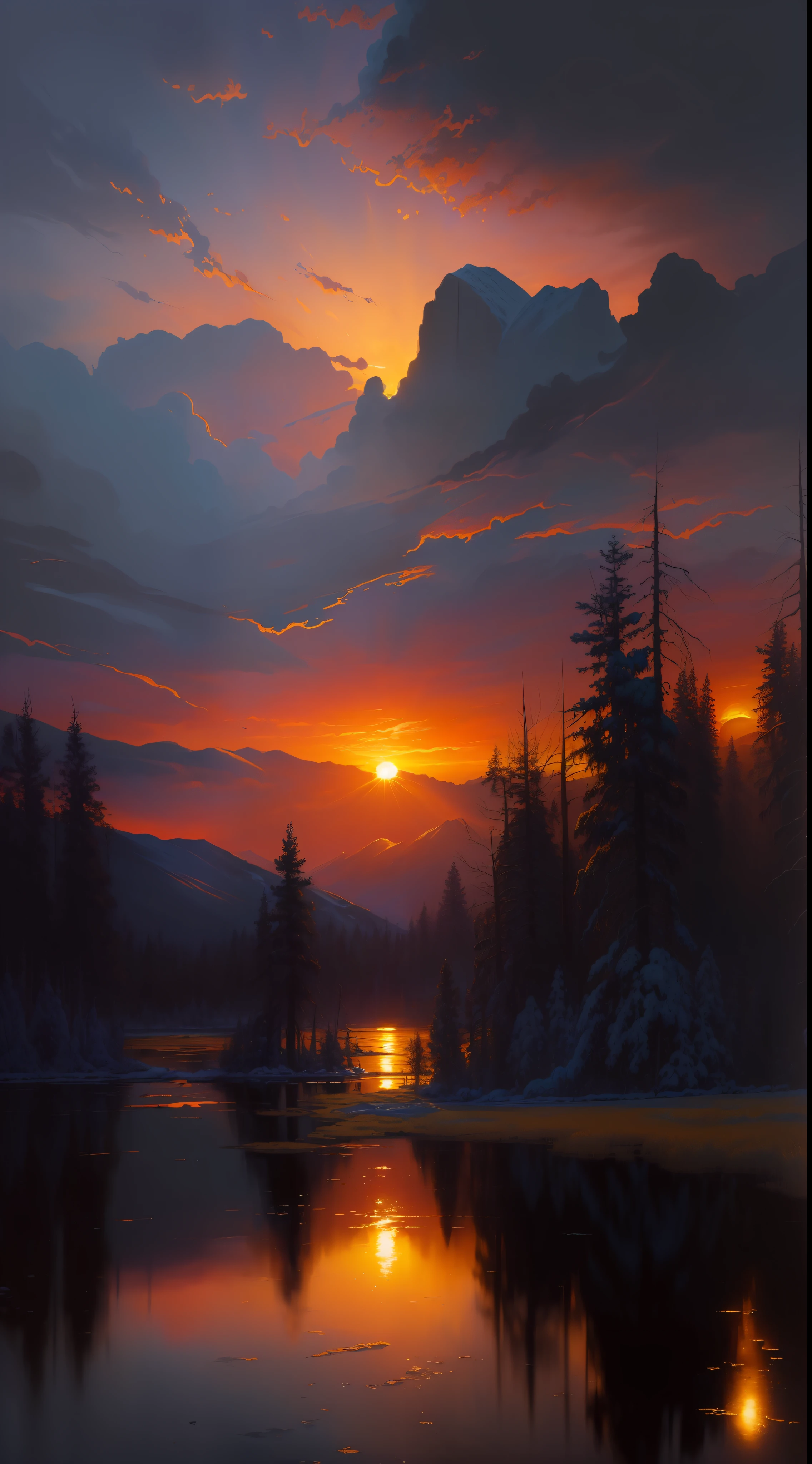 (masterpiece, best quality, high quality, highres:1.4), detailed, extremely detailed, ambient soft lighting, 4K, landscape, (dusk, setting sun, darkening sky:1.3), swamp, mire, mist, mountains in the background, crooked trees, darkness, dark fantasy, gothichorrorai