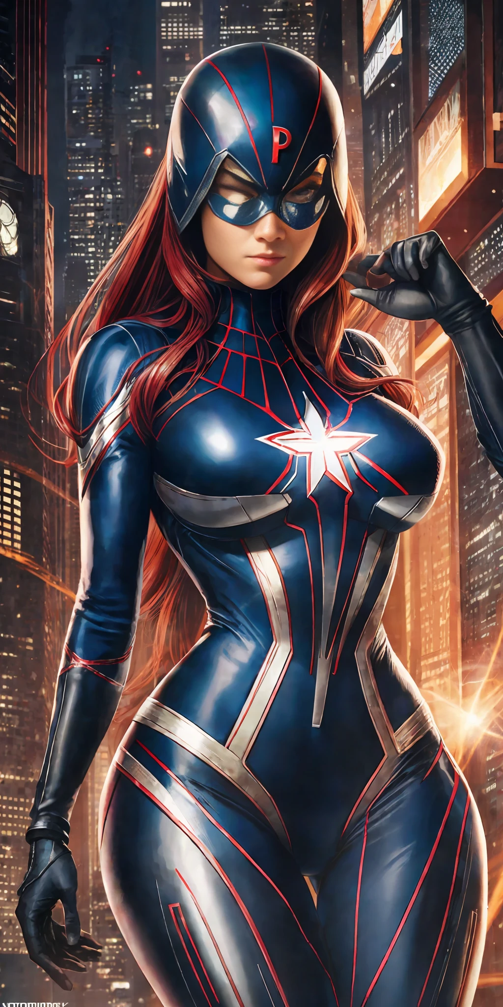 The best possible quality in 8k resolution with an ultra-detailed image of Mary Jane in sexy Spider-Woman costume, in a futuristic costume fused with the Captain America suit, with a metallic spider web background. The focus is on the detailed textures and light and shadow effects on the suit. Add a touch of Cyberpunk style to the composition. Metaphor with metallic cobweb in the background, will add a stunning effect to the final image. ." --auto --s2