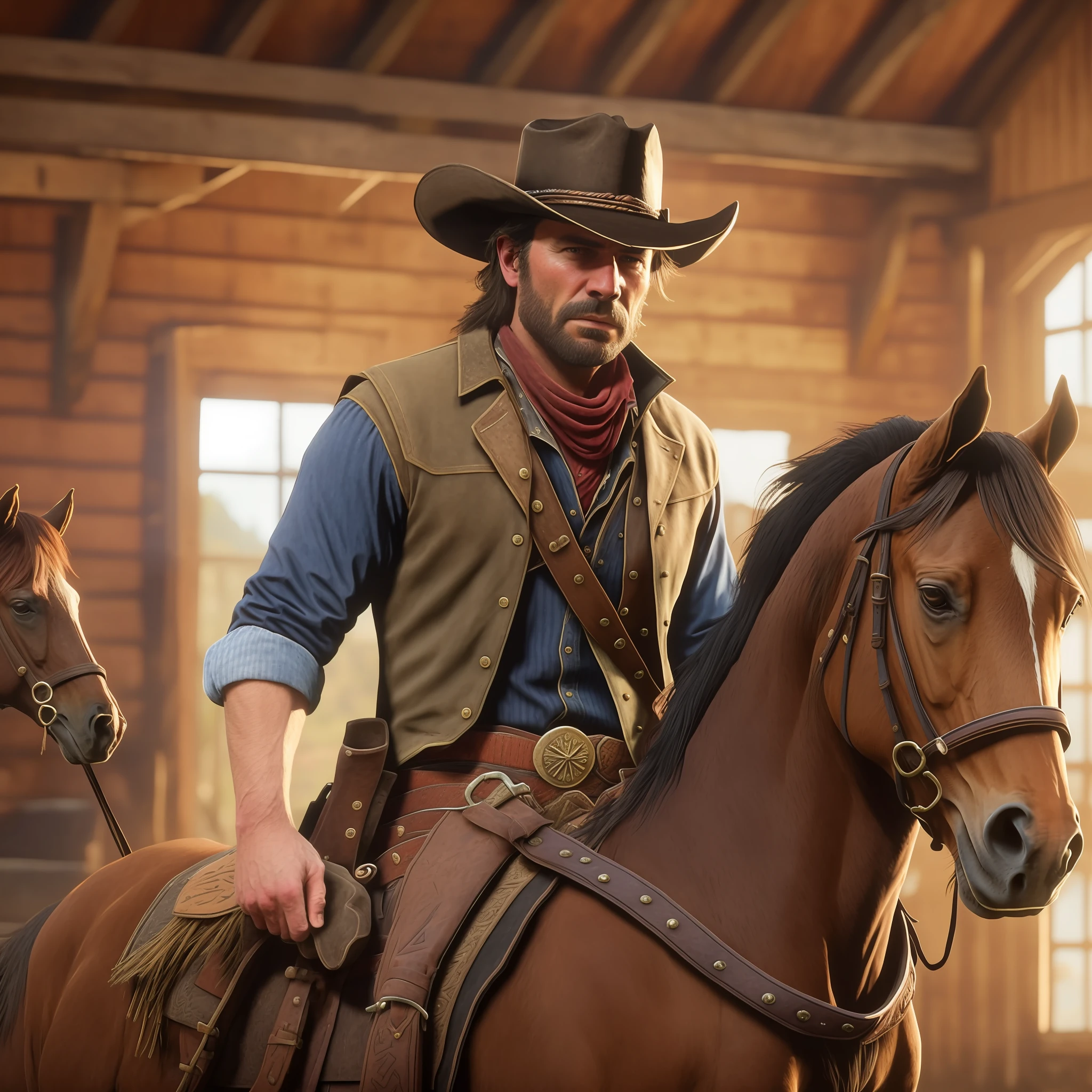 there is a man riding a horse in a barn with other horses, cowboy portrait, western art, cowboy portrait male, arthur morgan, portrait of a cowboy, 4 k wild west, in red dead redemption 2, old west, western painting, cowboy, an epic western, in red dead redemntion 2, red dead redemption2, red dead redemption 2