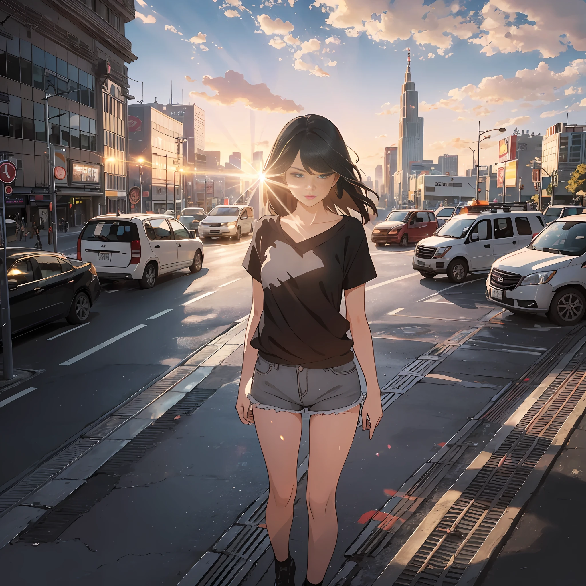 (taylor swift)(orange filter) (black glowing hair), masterpiece , detalhes intrincados (high detailed), short shorts, clouds, sun light, light from above,(mid of the movimented city, cars, traffic, ) (enlightened) --auto --s2