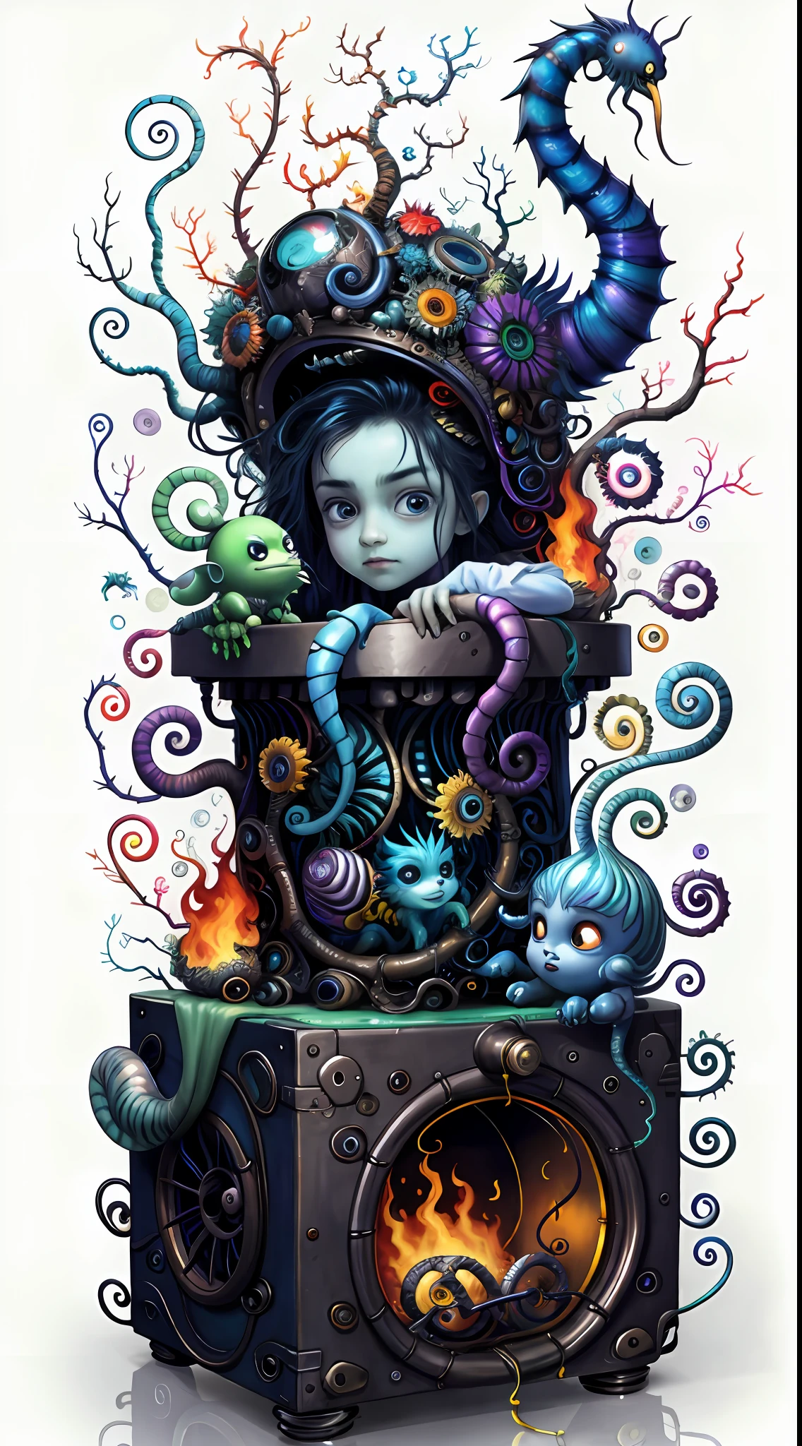 (best quality: 1.4), (masterpiece: 1.2), detailed, complex, high resolution, iridescent colors, A charming and fascinating creature with otherworldly forms that blend the best aspects of the monster human form and the innocent charm of a precocious child, scales, wings, blue, texture, complex, gorgeous, 3D, highly detailed, decorative style, Tim Burton, Dale Chihuly, Bruce Zheng, Cyril Rolando, H. R. Giger $plastic$ Grid: Real Lenoid afremov style, wet, fire