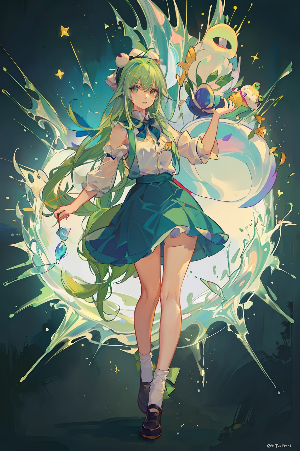 cartoon girl in frog costume dancing with a frog hat on, a digital rendering inspired by Tomioka Tessai, trending on deviantart, process art, abigail from stardew valley, loli, madeline from celeste, official art, faye valentine, maya fey from ace attorney, kagamine rin, rei hiroe, touhou character, aya takano color style