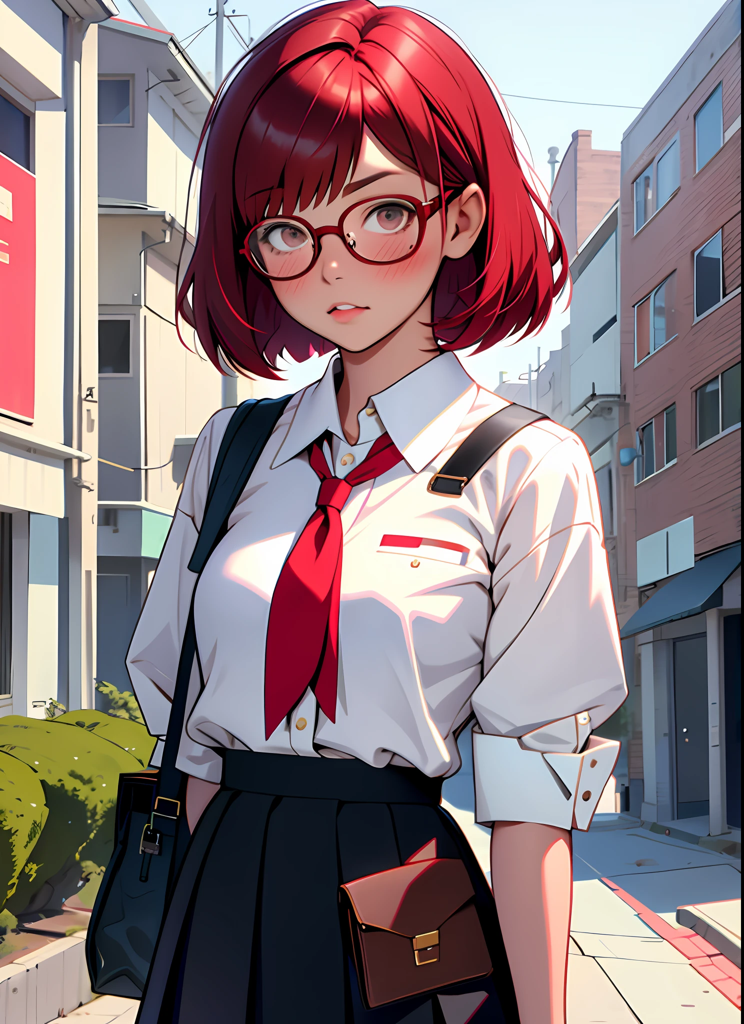 1 girl, squeaky body, bob cut, red hair, glasses, blush, brown eyes, ((masterpiece, best quality)), outdoor, school, uniform, skirt, viewer watch, white shirt, ribbon on chest, student bag, depth of field,
