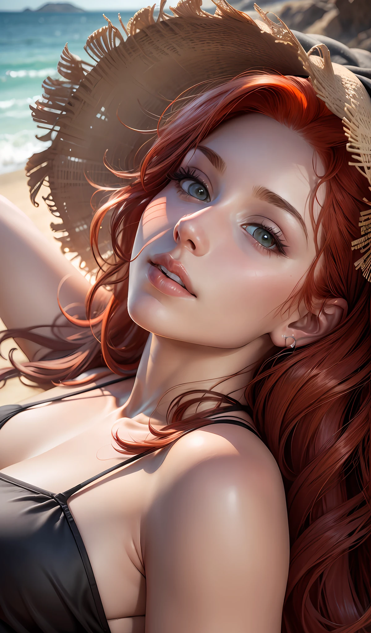 (RAW photo, best quality), realistic, photo-realistic:1.2, red-haired woman lying on the beach in a black bikini showing her beauty and elegance, breathtaking scenery, soft natural light, natural and smooth facial expressions. --auto --s2