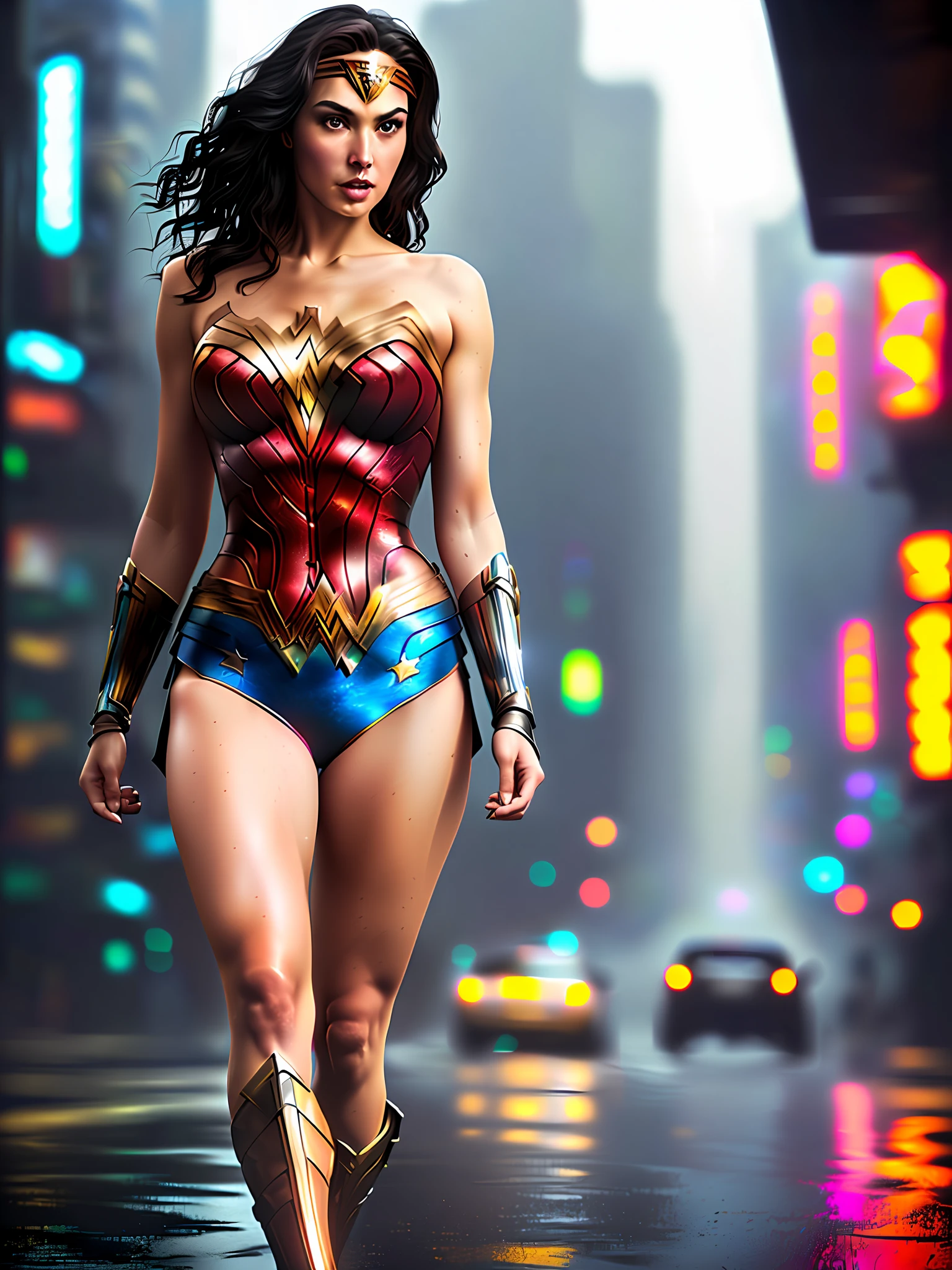Beautiful wonder woman with wavy hair Detailed attractive eyes Long and sexy legs between thighs wearing tiny shorts T-shirt in beautiful futuristic city cyberpunk+, mist, wet, raining, best quality masterpiece, photorealistic, detailed, 8k, HDR, shallow depth of field, wide light, high contrast, backlight, flower, light glows, chromatic aberration, sharp focus, RAW color photo
