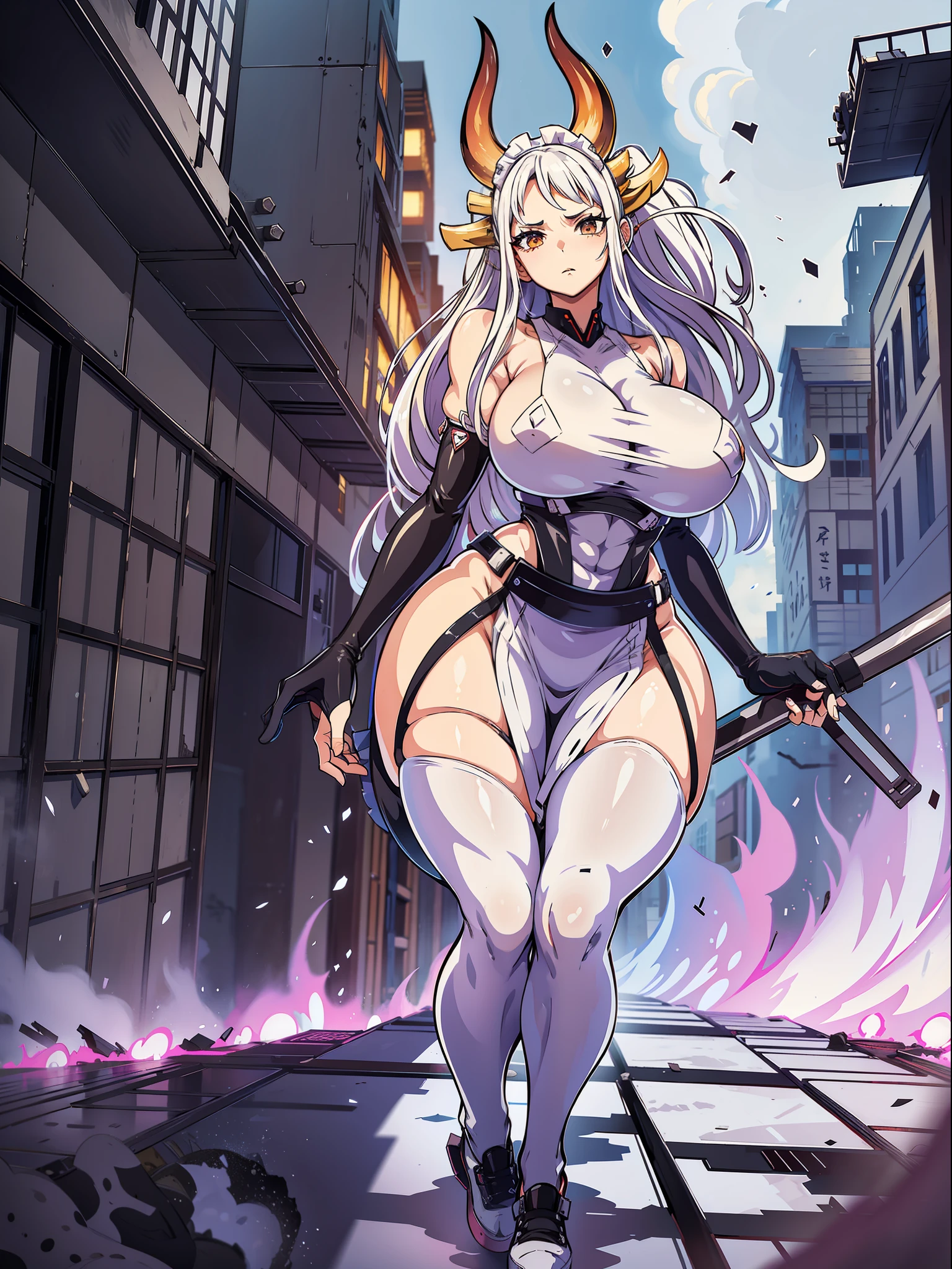 (full-body/upright/standing view:1.3). (({yamato})), ((in a futuristic city completely destroyed with flames coming out of the destroyed buildings)). {yamato}: wearing (((clothing/maid/black+skirt/white:1.5))), (((extremely +tight clothing:1.5))), is looking at the viewer, (extremely large breasts:1.8), ((making/poses/sensual:1.4)) holding a long black rifle., Hyperrealism, anime, 16k, UHD, masterpiece, best quality, high details