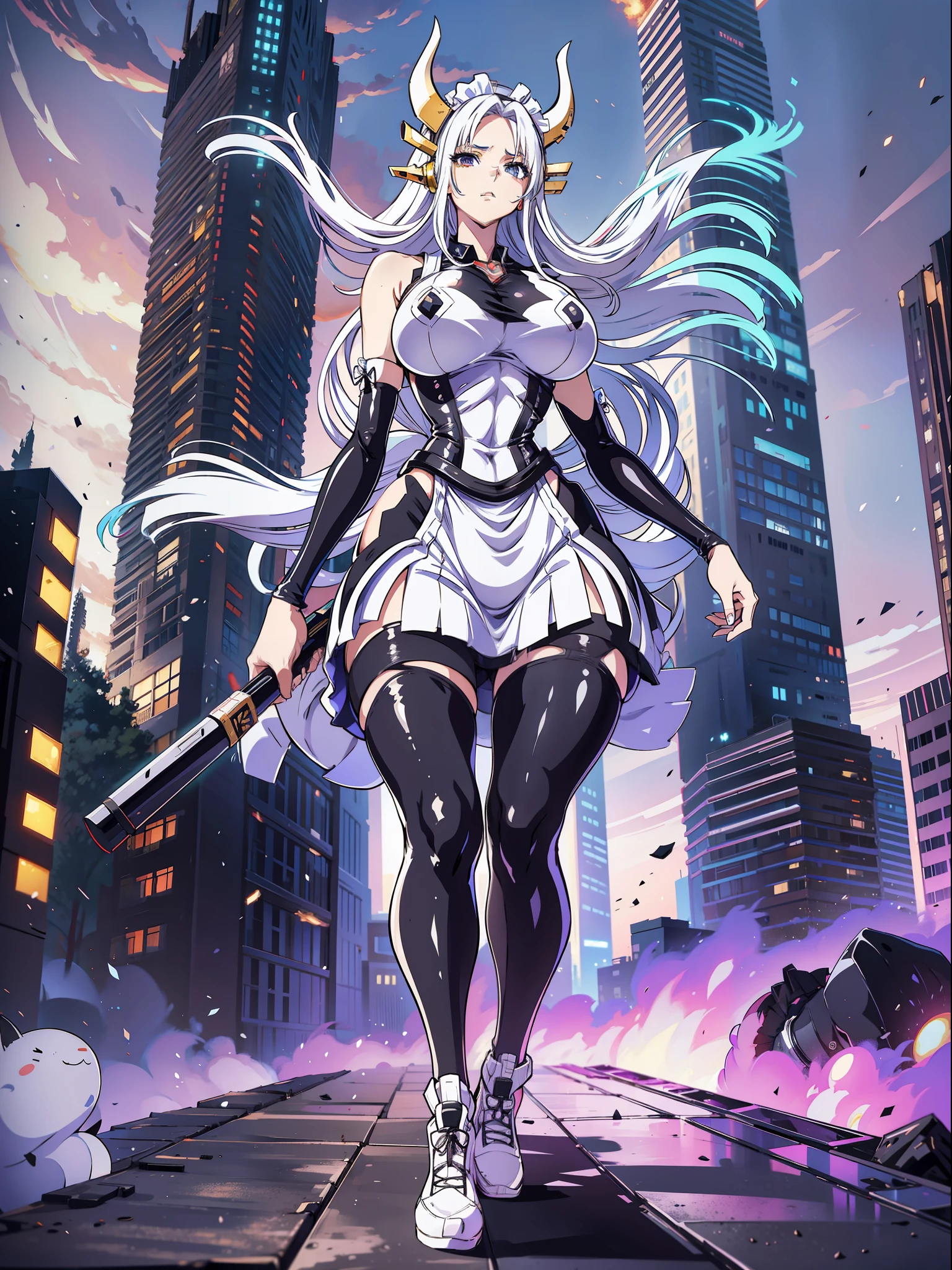 (full-body/upright/standing view:1.3). (({yamato})), ((in a futuristic city completely destroyed with flames coming out of the destroyed buildings)). {yamato}: wearing (((clothing/maid/black+skirt/white:1.5))), (((extremely +tight clothing:1.5))), is looking at the viewer, (extremely large breasts:1.8), ((making/poses/sensual:1.4)) holding a long black rifle., Hyperrealism, anime, 16k, UHD, masterpiece, best quality, high details