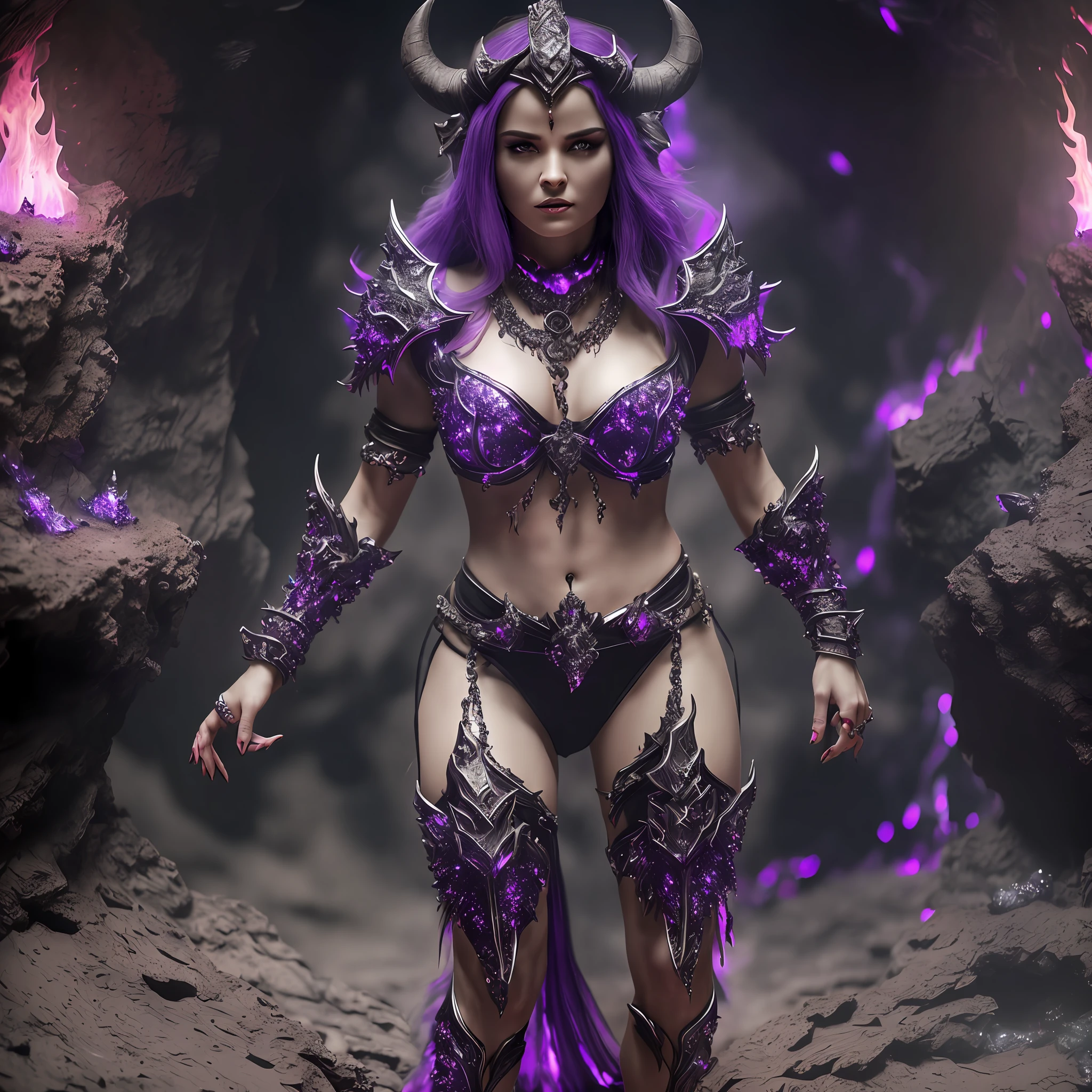 Dark fantasy, Demon, 3D, ultra realistic, studio lighting, dynamic light, female, female, (85 years:1.5), detailed face, all ornaments, (set in a cave with black and purple crystals and flames:1.3). (Ultra realistic:1.4), (full body:1.9) --auto --s2