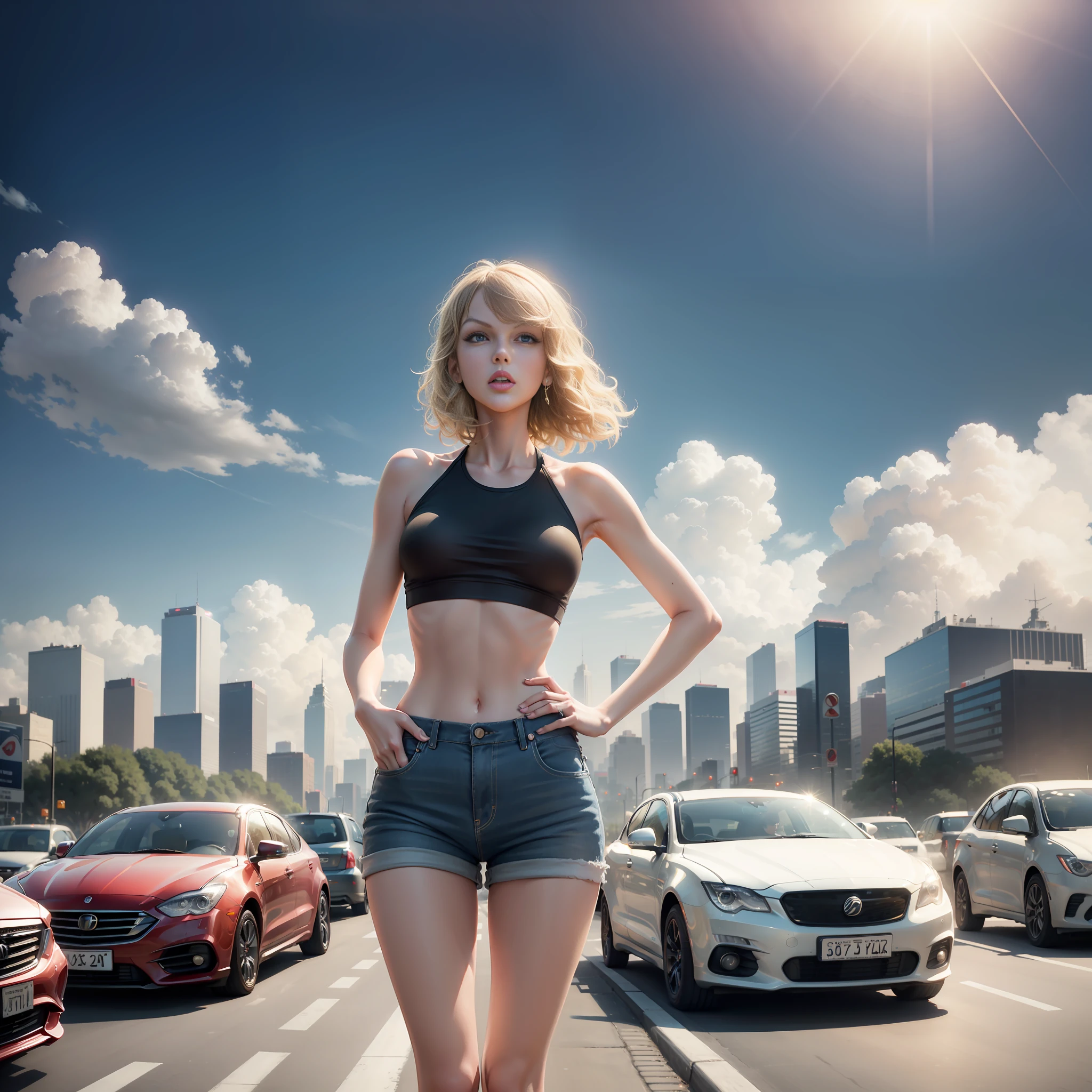 (taylor swift), masterpiece , (perfect skin) (high detailed), short shorts, clouds, sun light, light from above,(mid of the movimented city, cars, traffic, ) (enlightened) --auto --s2