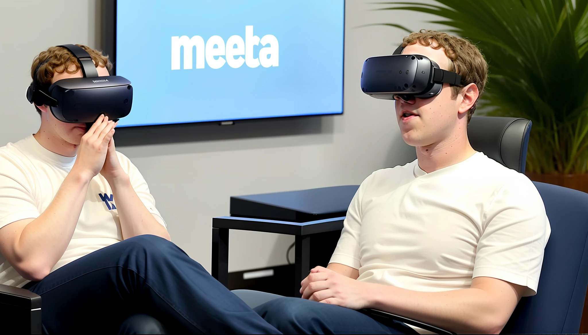 Mark Zuckerberg with virtual reality glasses, sad countenance, sitting alone in a chair, with the white shirt, and the logo of his company (meta) stamped.