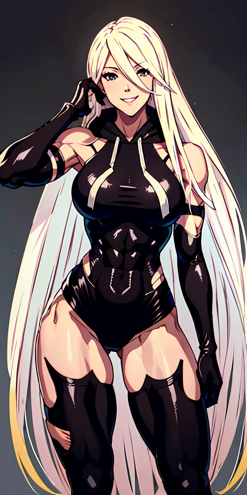 anime waifu bodybuilder, beautiful face, smiling face, perfect body, fit body, abdomen, large breasts, muscular, ((hair) long and blonde), ((clothing) white colored tight swimsuit, torn), (torn cape at the tip covering the body of black color, and hood covering the head of black color), character A2