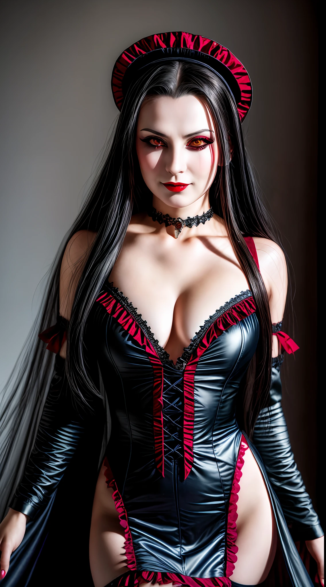 Closeup photo portrait of female dracula, dress, striped thighhighs, smug, smirk, fangs, girlsroom background, epic character composition, frontal view, atmospheric scene, masterpiece, best quality, (detailed beautiful face, detail skin texture, ultra-detailed body:1.1), diffused lighting