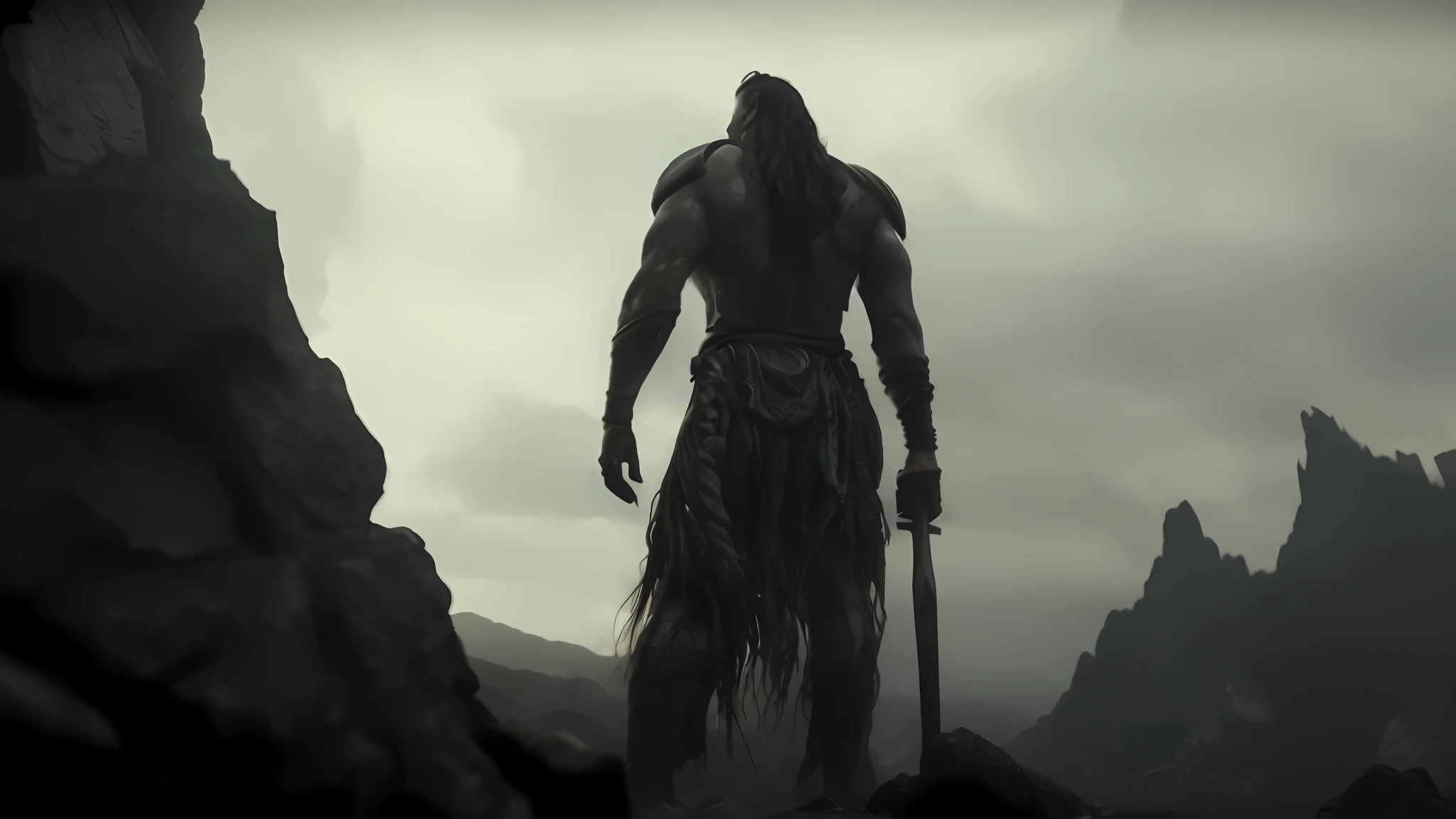 a man standing in a rocky area with a spear in his hand, jason momoa as conan, gollum as a titan, jereme momoa as tarzan, big titan creature in the center, jason momoa as assyrian, film still from god of war, still from a fantasy movie, conan, endwalker cinematic, zack snyder cinematography style