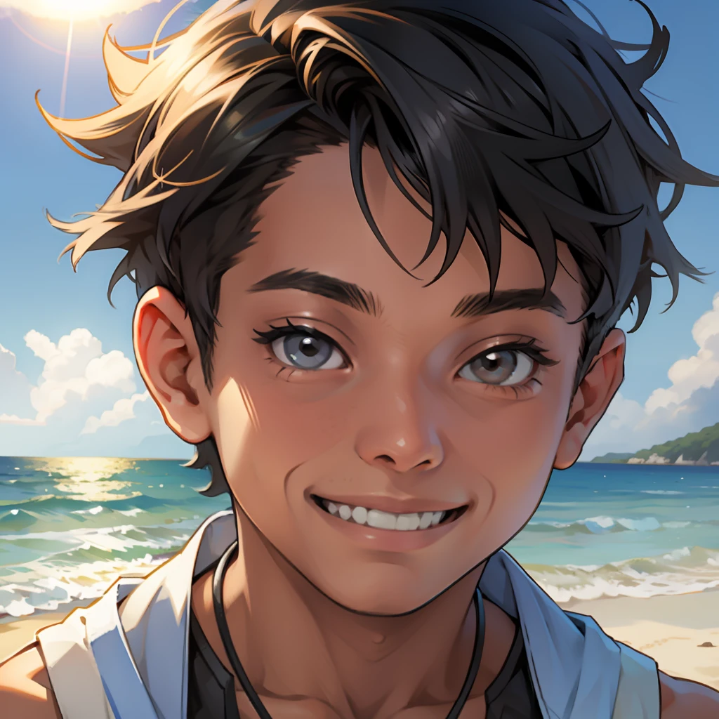 boy smiling facing beach ultrarealistic --auto --s2