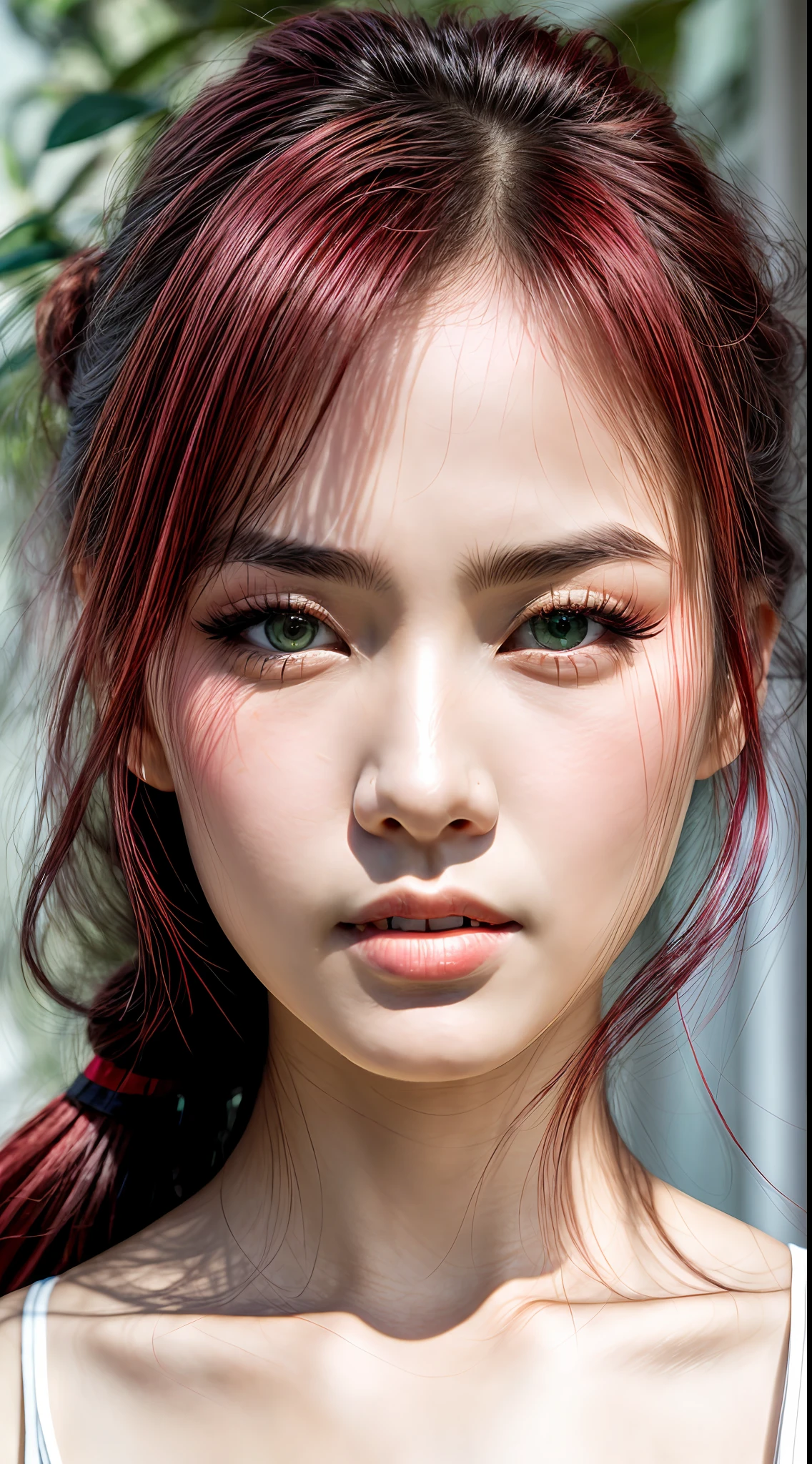 Closeup photo portrait of vietnam woman, open mouth, detailed green eyes, eye reflection, winged eyeliner, (looking at the viewer:1.3), perfect eyes, best shadow, intricate details, interior, (crimson hair:1.3), pigtails, muted colors,, epic character composition, frontal view, atmospheric scene, masterpiece, best quality, (detailed beautiful face, detail skin texture, ultra-detailed body:1.1), diffused lighting