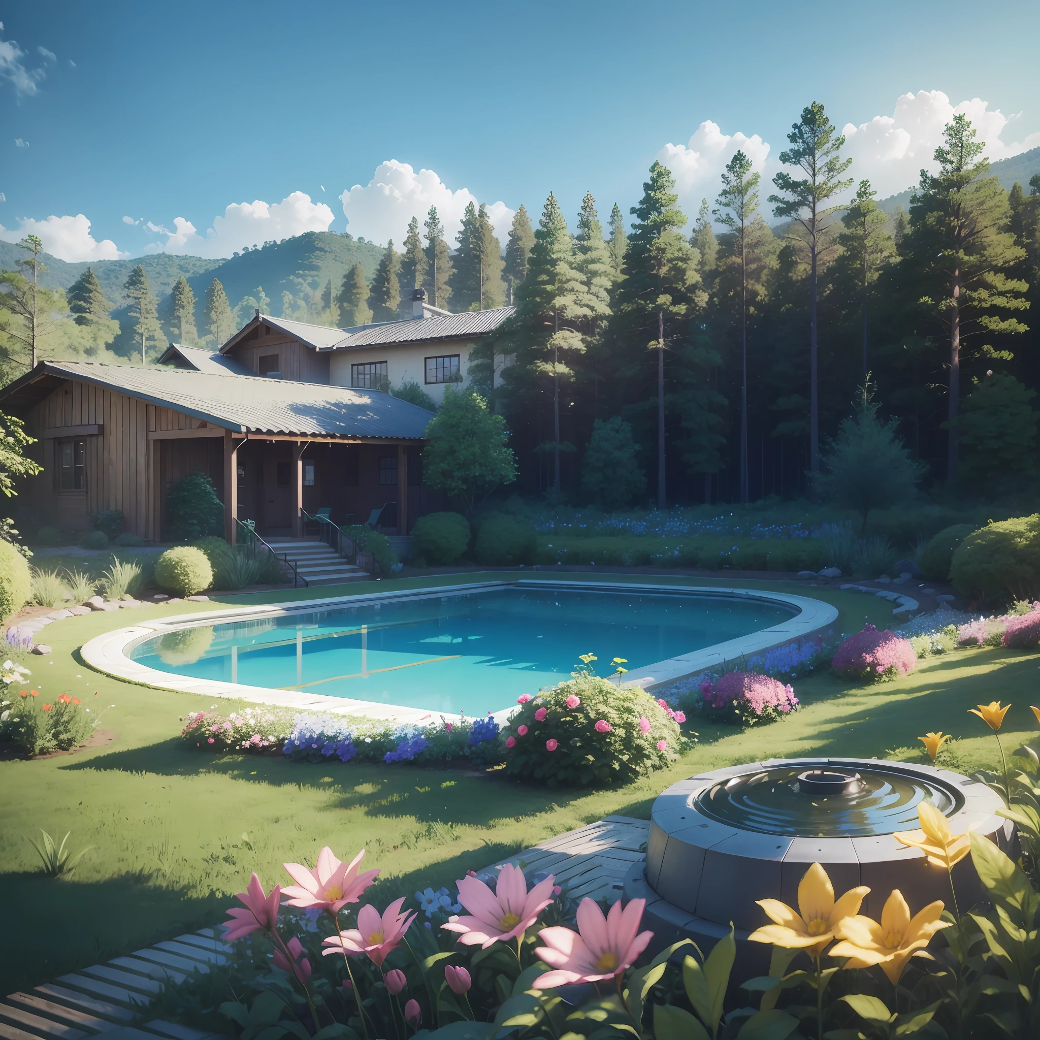Electronic model, forest, flowers, pool, 4k --auto --s2