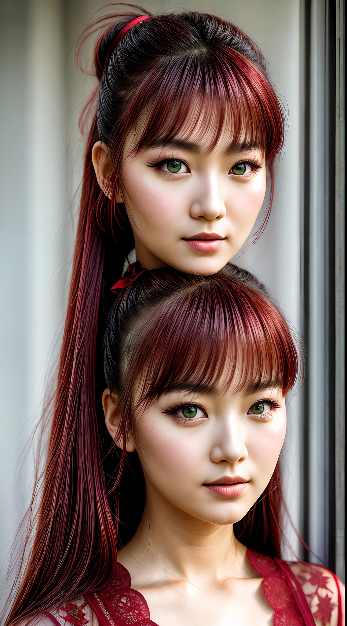 Closeup photo portrait of vietnam woman, open mouth, detailed green eyes, eye reflection, winged eyeliner, (looking at the viewer:1.3), perfect eyes, best shadow, intricate details, interior, (crimson hair:1.3), pigtails, muted colors,, epic character composition, frontal view, atmospheric scene, masterpiece, best quality, (detailed beautiful face, detail skin texture, ultra-detailed body:1.1), diffused lighting