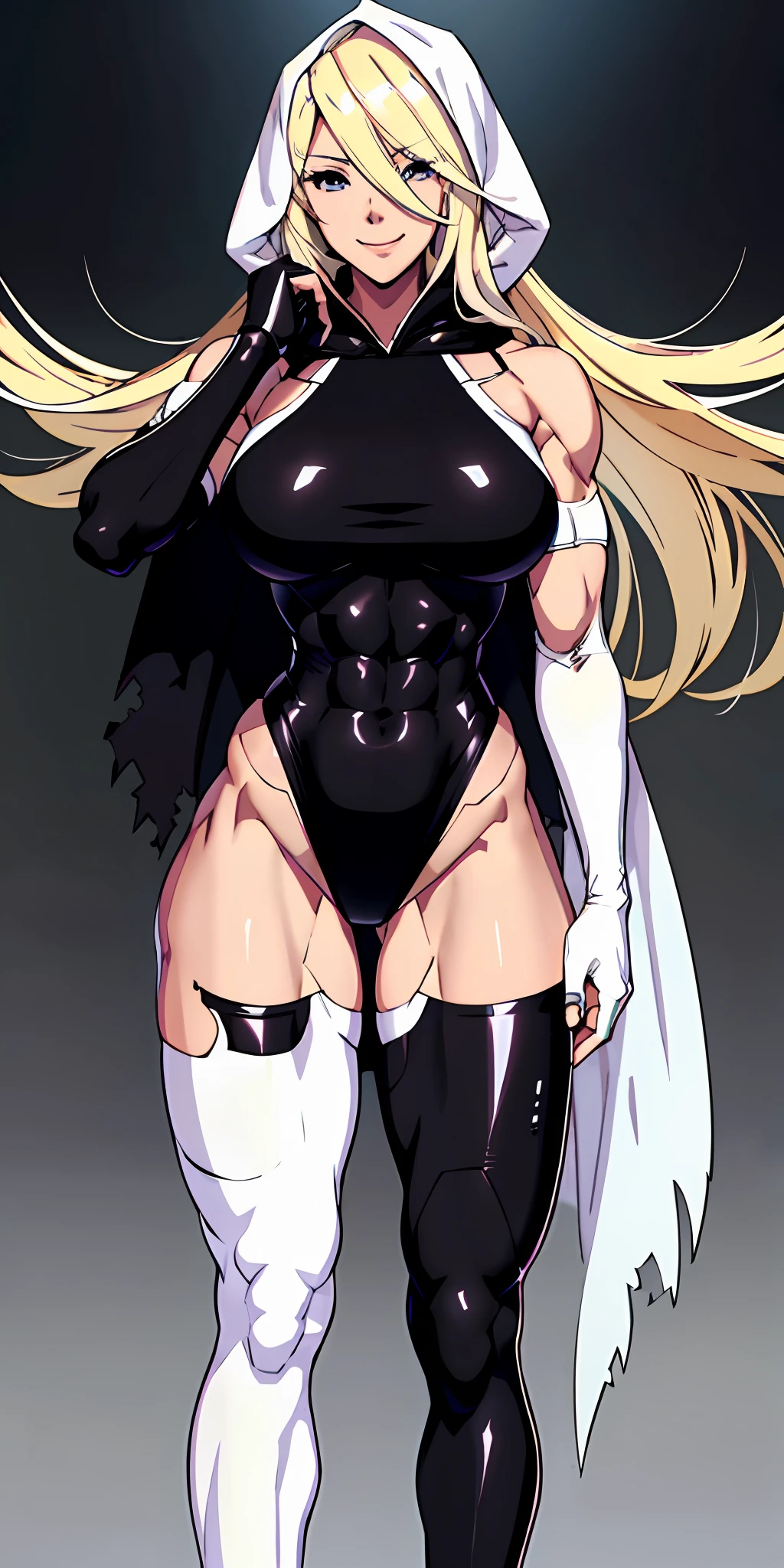 anime waifu bodybuilder, beautiful face, smiling face, perfect body, fit body, abdomen, large breasts, muscular, ((hair) long and blonde), ((clothing) white colored tight swimsuit, torn), (torn cape at the tip covering the body of black color, and hood covering the head of black color), character A2