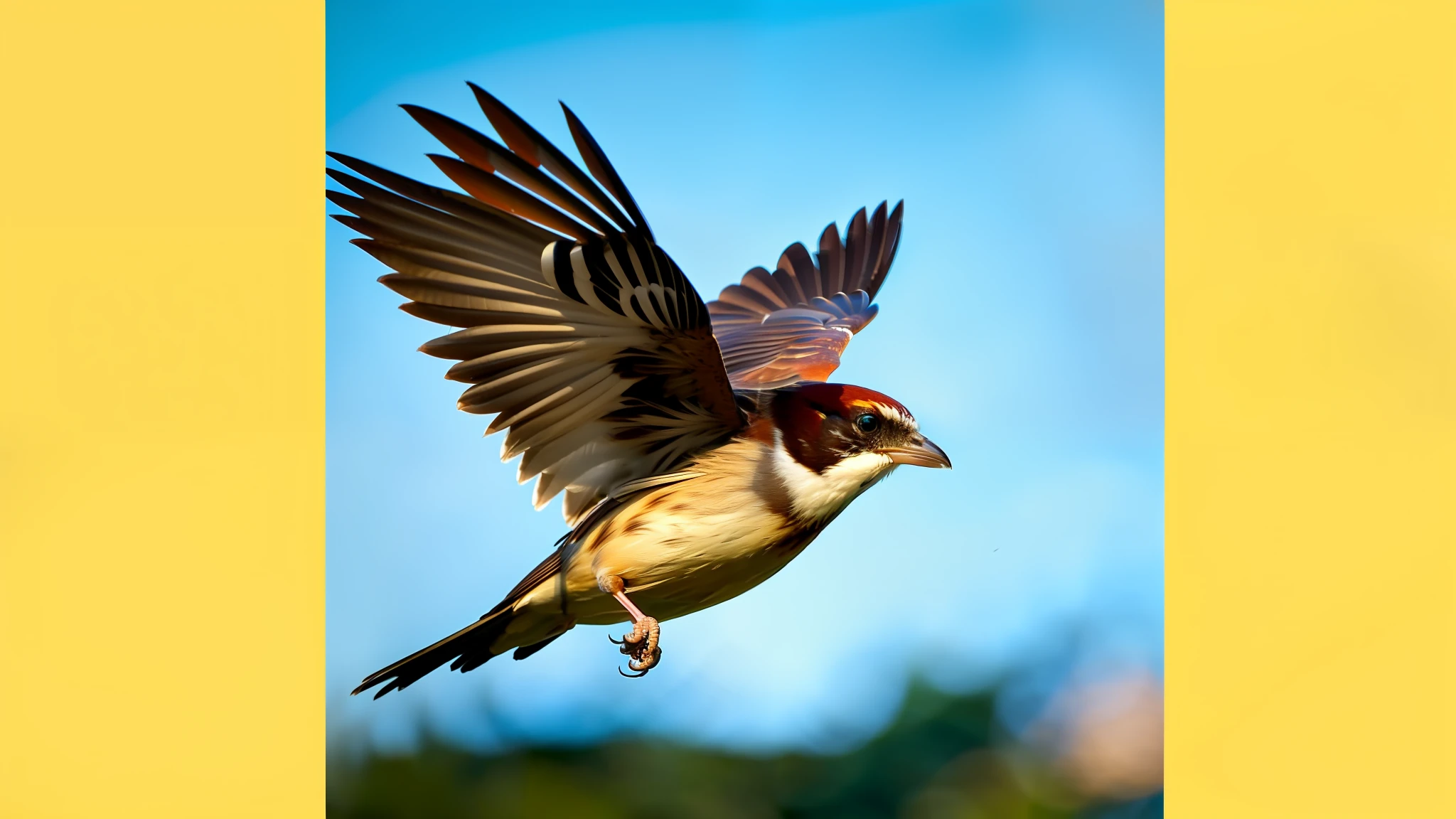 raw photo, create a 4k image of a flying sparrow bird, best quality, high quality, highres, detail enhancement, 8k, hdr, sharp focus, ultra detailed, perfect lighting