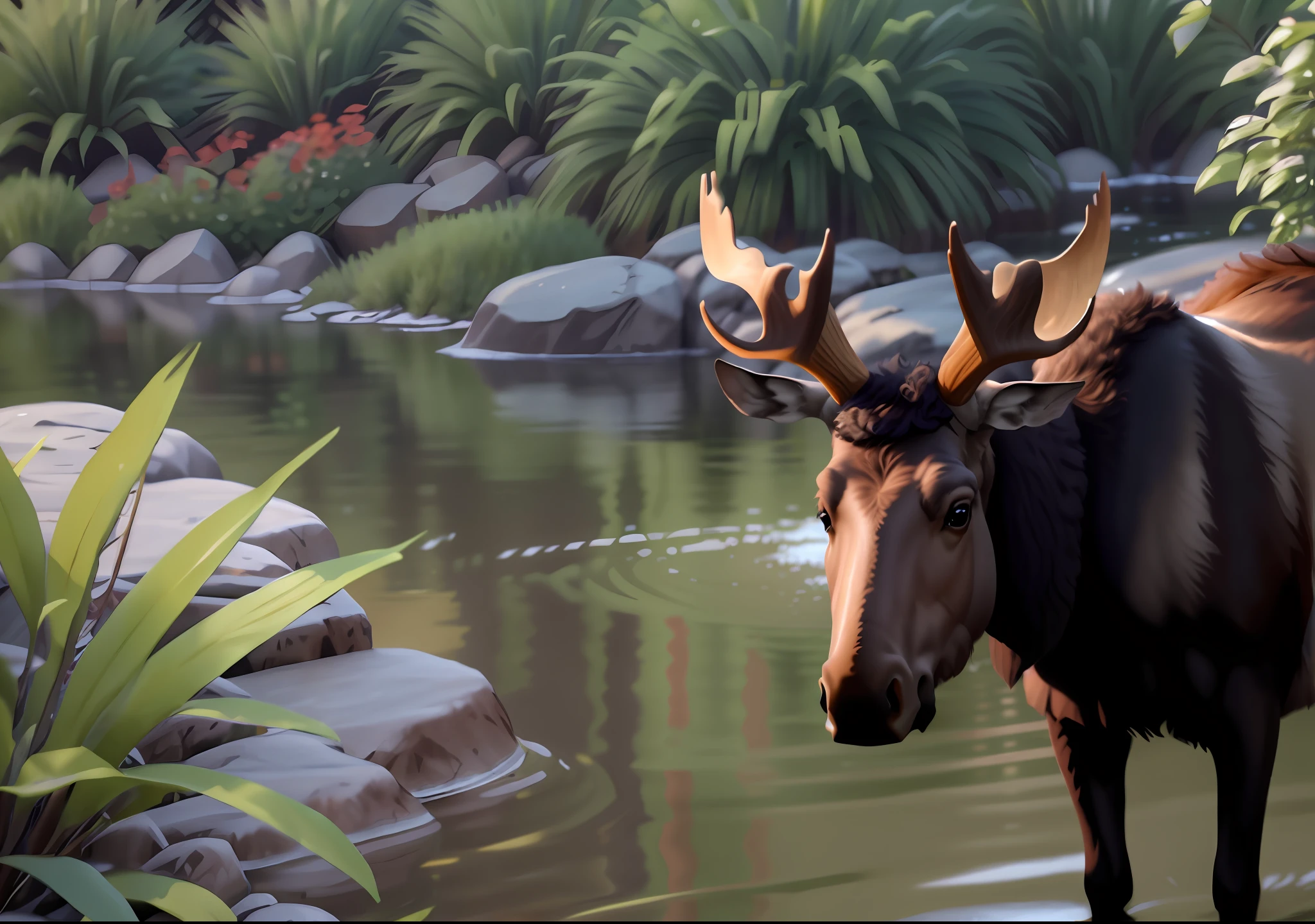 there is a moose standing in the water with antlers on its head, high quality photorealism, 4k photorealism, 4 k photorealism, fully photorealistic, realistic scene, ultra photorealistic raytracing, 8 k ultra realistic animal, 8k photorealism, 8 k photorealism, realistic nature, high resolution and detail, photorealism 8k