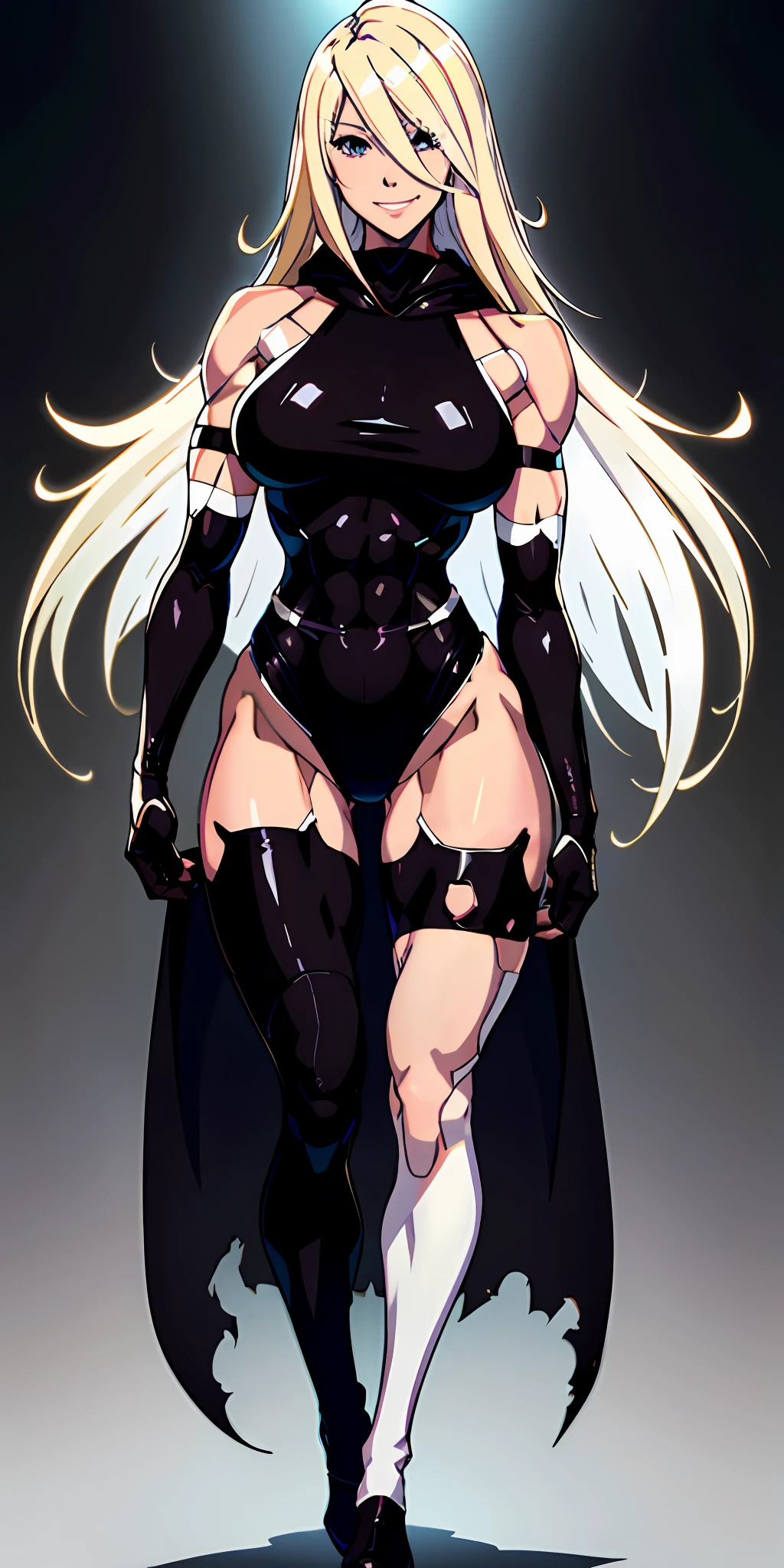 anime waifu bodybuilder, beautiful face, smiling face, perfect body, fit body, abdomen, large breasts, muscular, ((hair) long and blonde), ((clothing) white colored tight swimsuit, torn), (torn cape at the tip covering the body of black color, and hood covering the head of black color), character A2